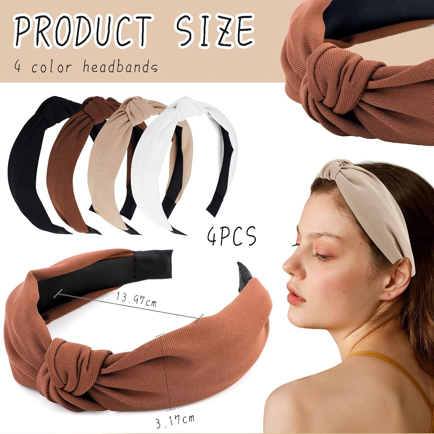 TELAIN Pack of 4 Hair Bands for Women, Top Knot Headbands for Girls, Hair Bands for Women, Plain Turban Wide Hair Bands in Black, White, Beige image number 3