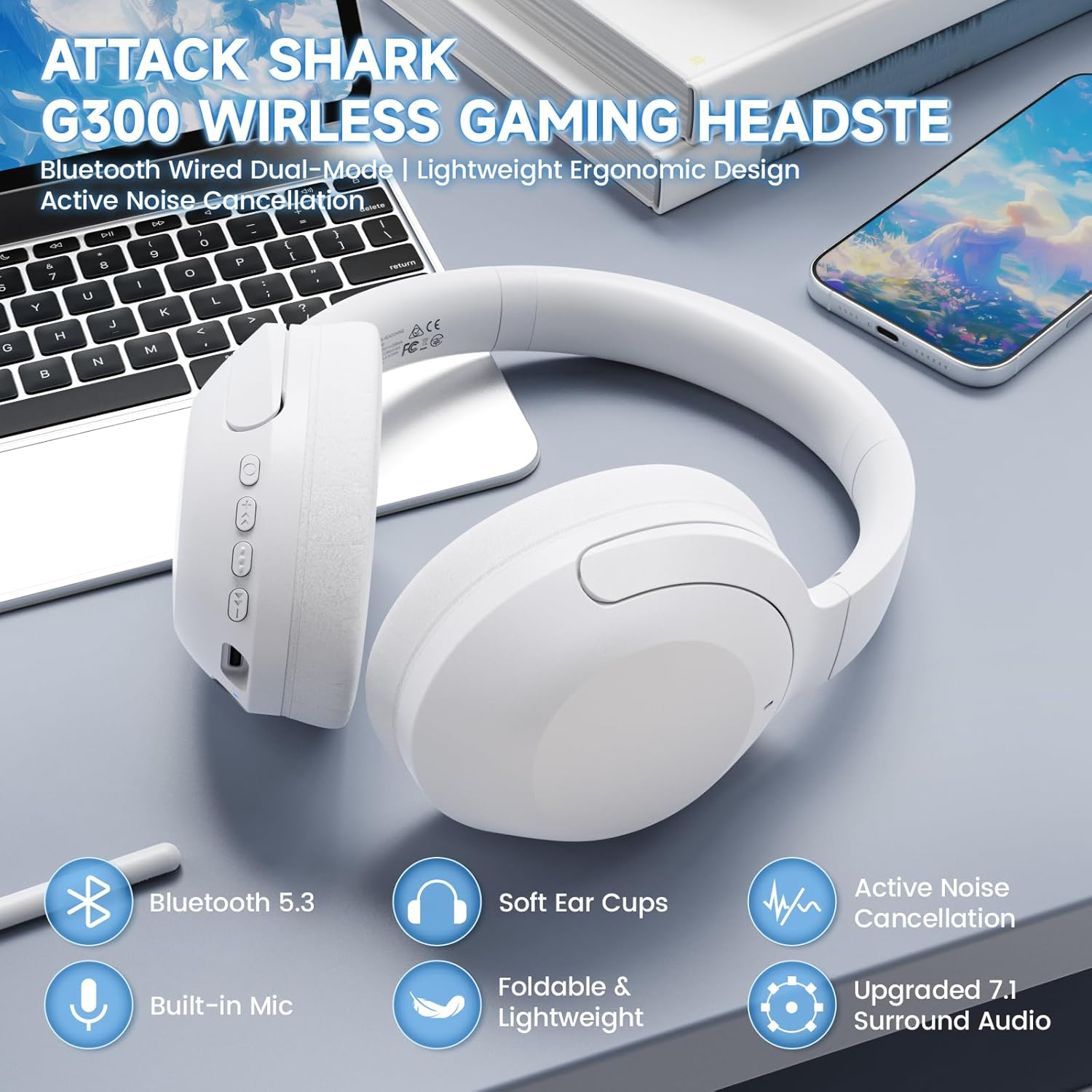 X Attack Shark G300 Wireless Active Noise Cancelling Headset, Bluetooth 5.3 Deep Bass HD Stereo Sound over Ear, 20H Playtime, Built-In Mic Lightweight Design 3.5Mm Gaming Headset(White) image number 5
