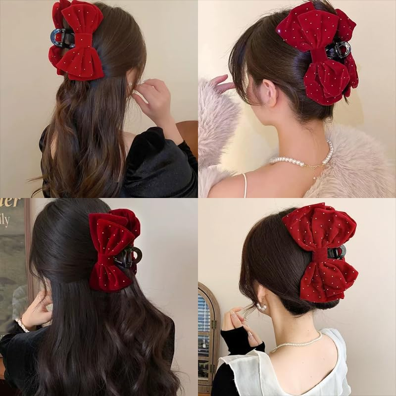 Large Bow Hair Claw Clip for Girls Velvet Red Hair Bows with Rhinestones Big Claw Clips for Thick Long Hair Bowknot Hair Accessories for Women Party Prom Jaw Clips Nonslip Hair Clamp for Styling image number 5
