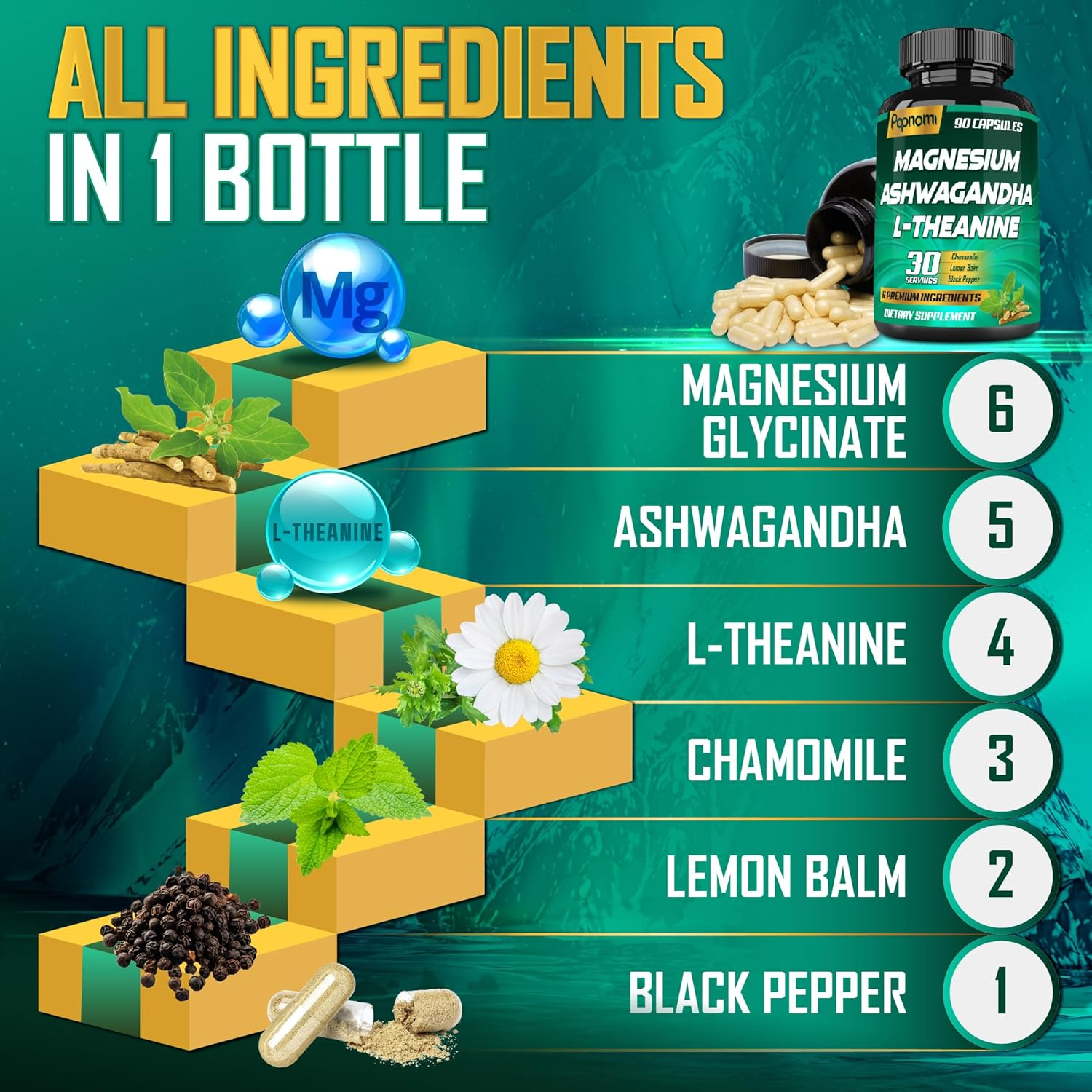 Magnesium Glycinate & Ashwagandha Supplements | Blended with L-Theanine, Chamomile, Lemon Balm, and Black Pepper | 90 Count image number 4