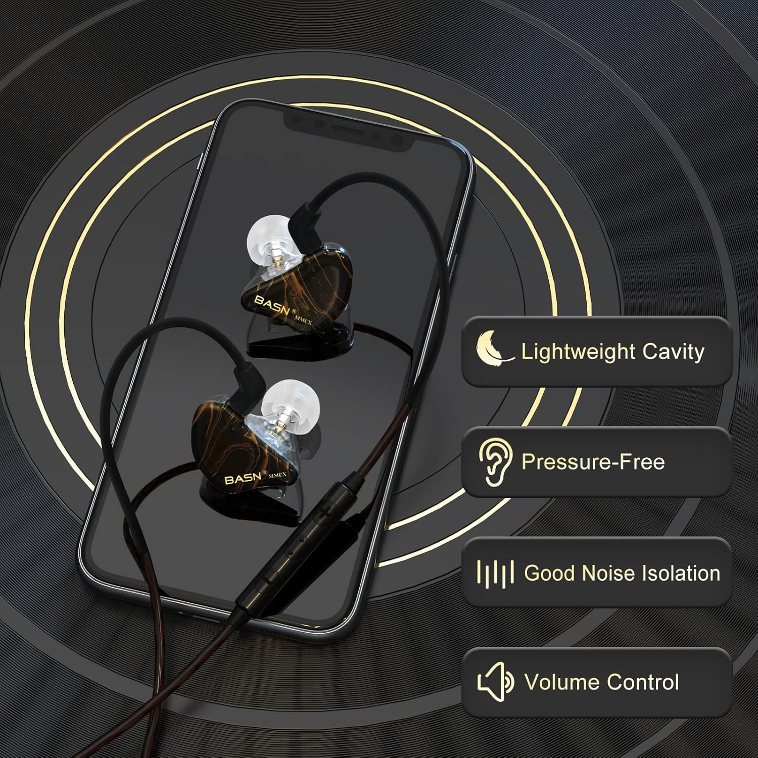 BASN MMCX in Ear Monitor Headphones,Triple Driver IEM In-Ear Earphone for Musician Drummer, Noise-Isolation Hifi Stereo Earbuds with Two Detachable Cables (Golden Obsidian) - Bluish White image number 7