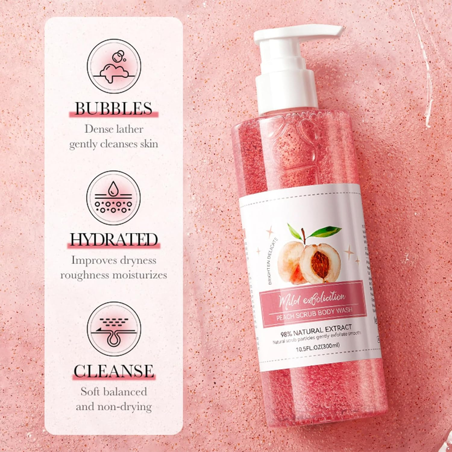 Raenseen Natural Peach Scented Body Wash and Scrub 300Ml Exfoliating Cleanser Moisturizing Shower Gel Unisex Hot Pink One Size