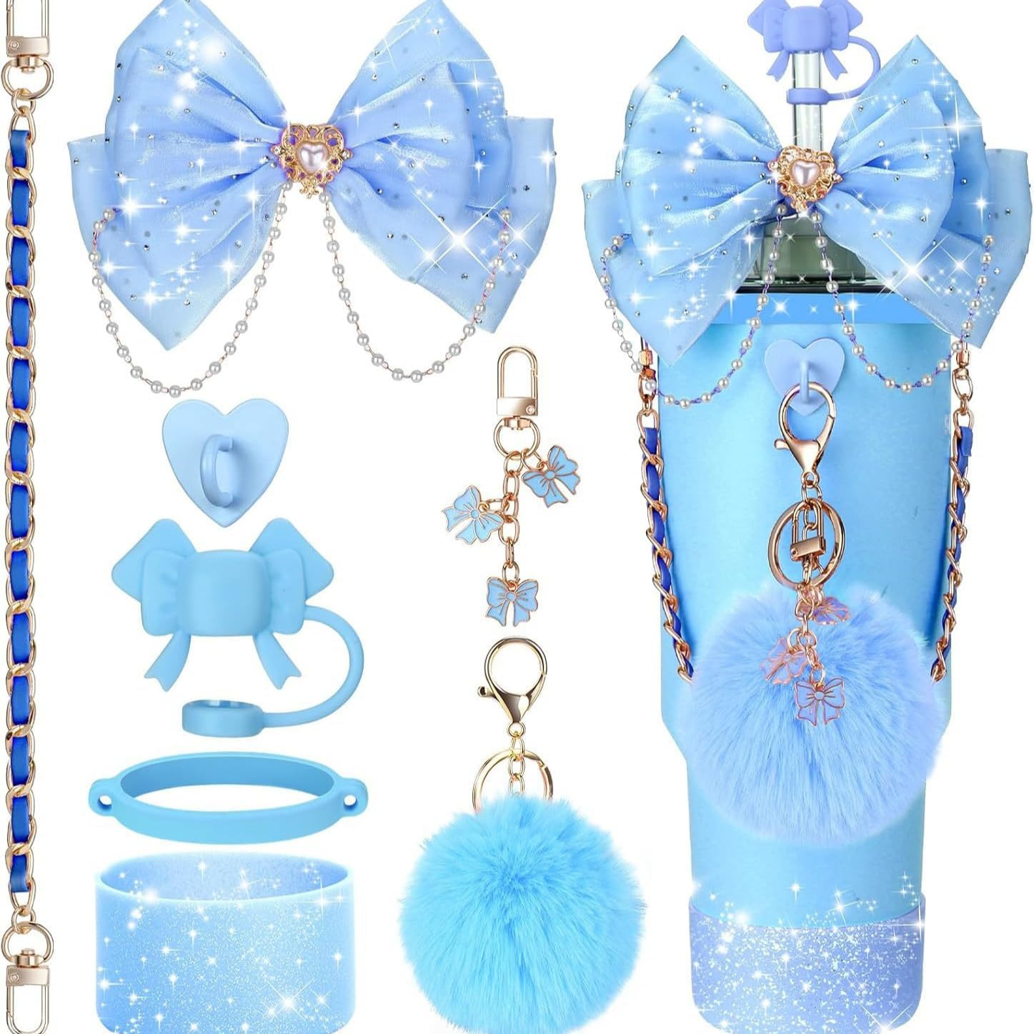 Bling Cup Accessories for Stanley Cup - Fits 20Oz, 30Oz & 40Oz Tumblers with Handle, Includes Bow Straw Topper, Decorative Straw Bow, Leather Handle Strap & Boot (Pink)