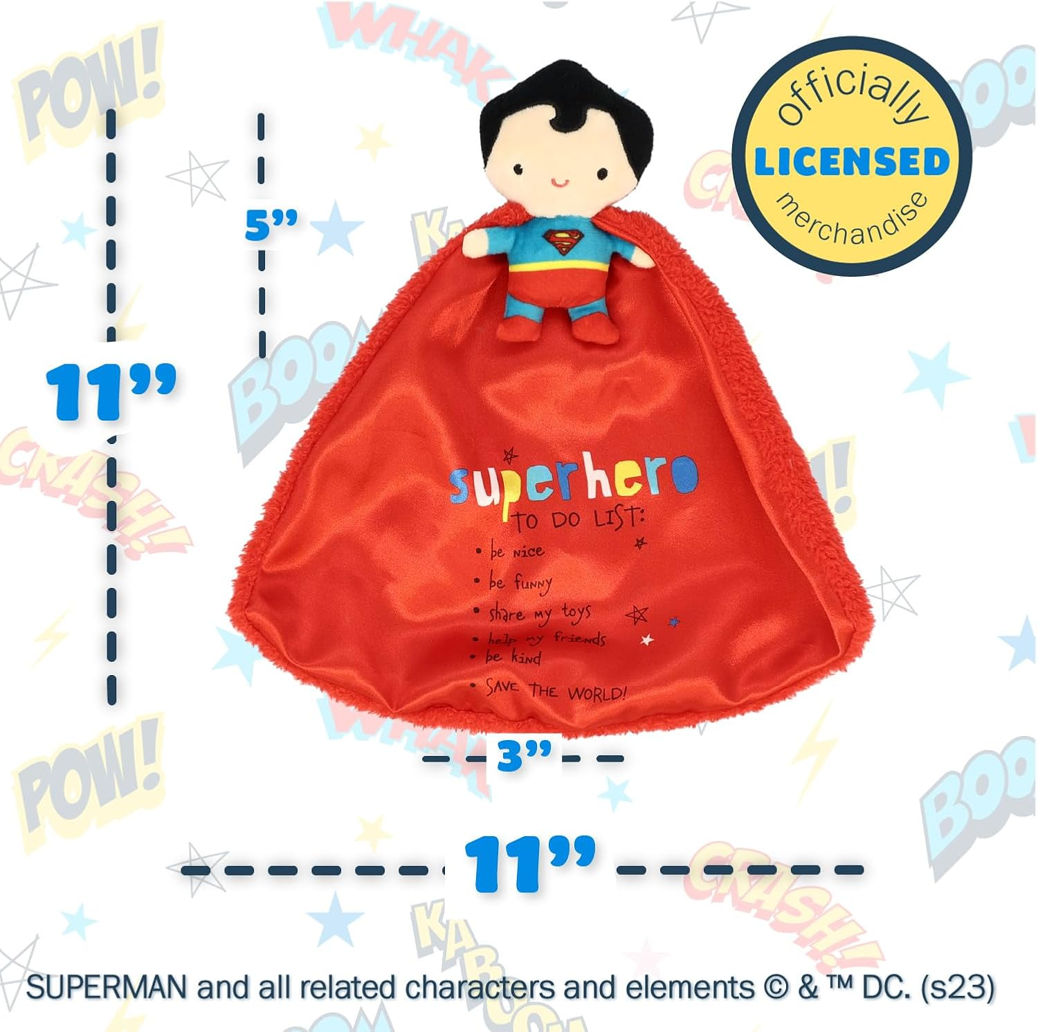 Kids Preferred DC Comics Superman Lovey Security Blanket, Soft Huggable Dark Knight Plush Lovey Toy for Baby and Infant Boys and Girls, Textured Blanket with Satin Super Hero to Do List image number 1