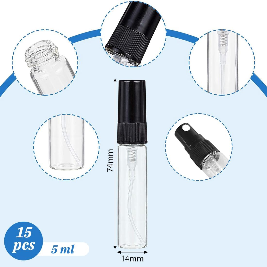 KIRZAX Pack of 15 5 Ml Perfume Atomiser Spray Bottles, Perfume Atomiser Glass, Spray Bottle, Mini Spray Bottle, Perfume Transparent Refillable, for Perfume, Lotion, Personal Care Products and Travel image number 3