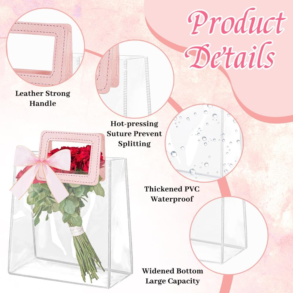 15 Pcs Clear Gift Bags with Handles, Transparent PVC Gift Bag with Ribbon, Reusable Plastic Shopping Bags, Heavy Duty Gift Wrap Bags for Bridal Party Baby Shower Wedding Birthday, 7X8X4In