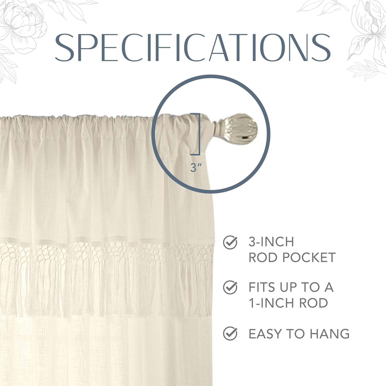 Elrene Home Fashions Calypso Macram&eacute; Tassel Semi Sheer Window Curtain Panel, 52" X 95", Ivory image number 5