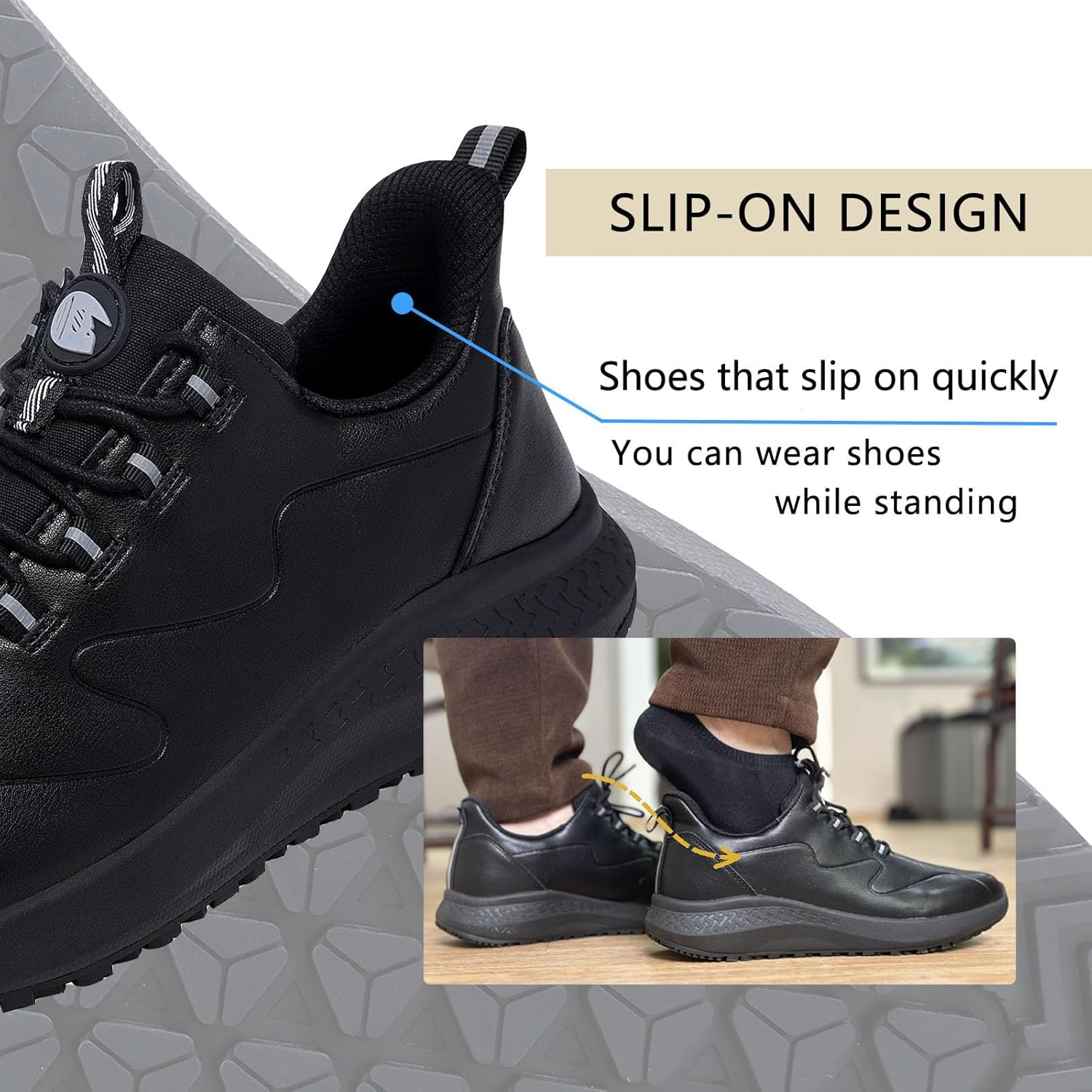 Delobi Non Slip Work Shoes for Men Slip on Waterproof Kitchen Chef Restaurant Walking Sneakers Comfortable Food Service Working Footwear Leather Nursing Shoe image number 6