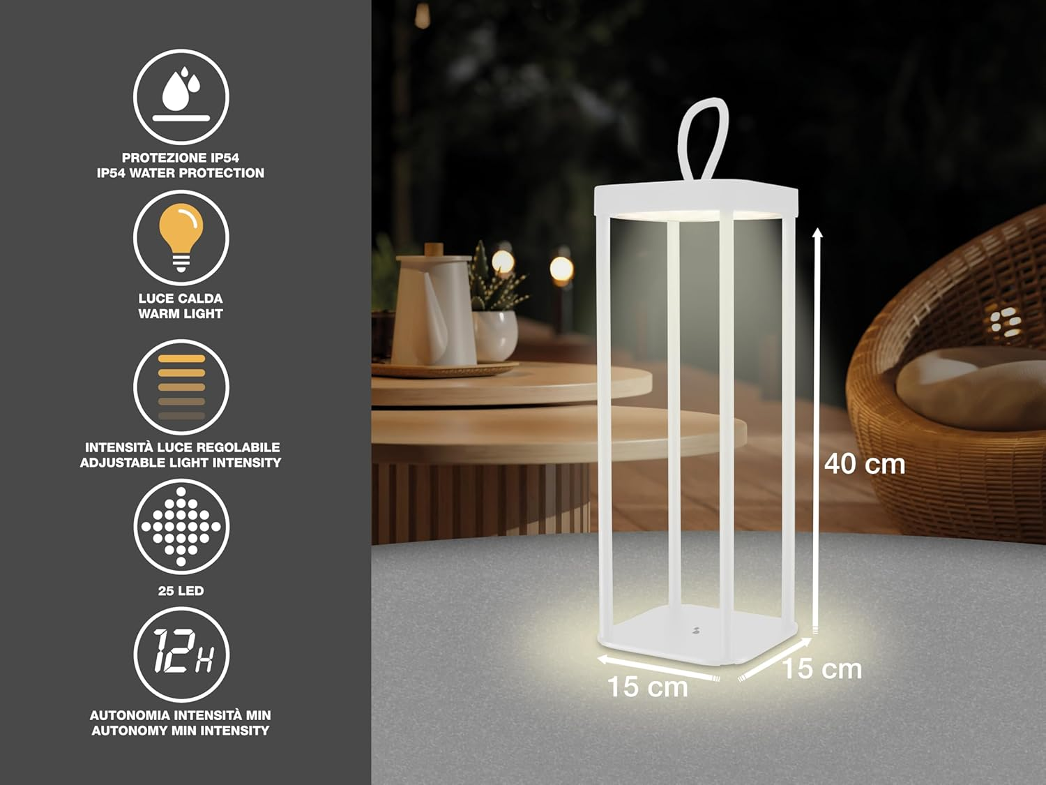 BEPER P207ILI101 Rechargeable LED Lantern for Outdoor and Indoor Use, 25 Warm Light Leds, Adjustable Intensity, IP44, USB Type-C Included, Battery Life up to 12 Hours - Black image number 7