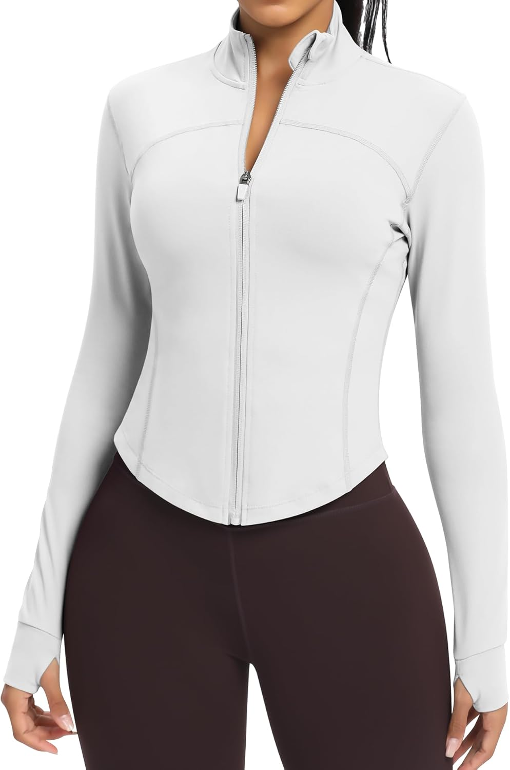Women'S Lightweight Cropped Workout Jacket with Thumb Holes and Zipper Guard, Grey, XS-XL
