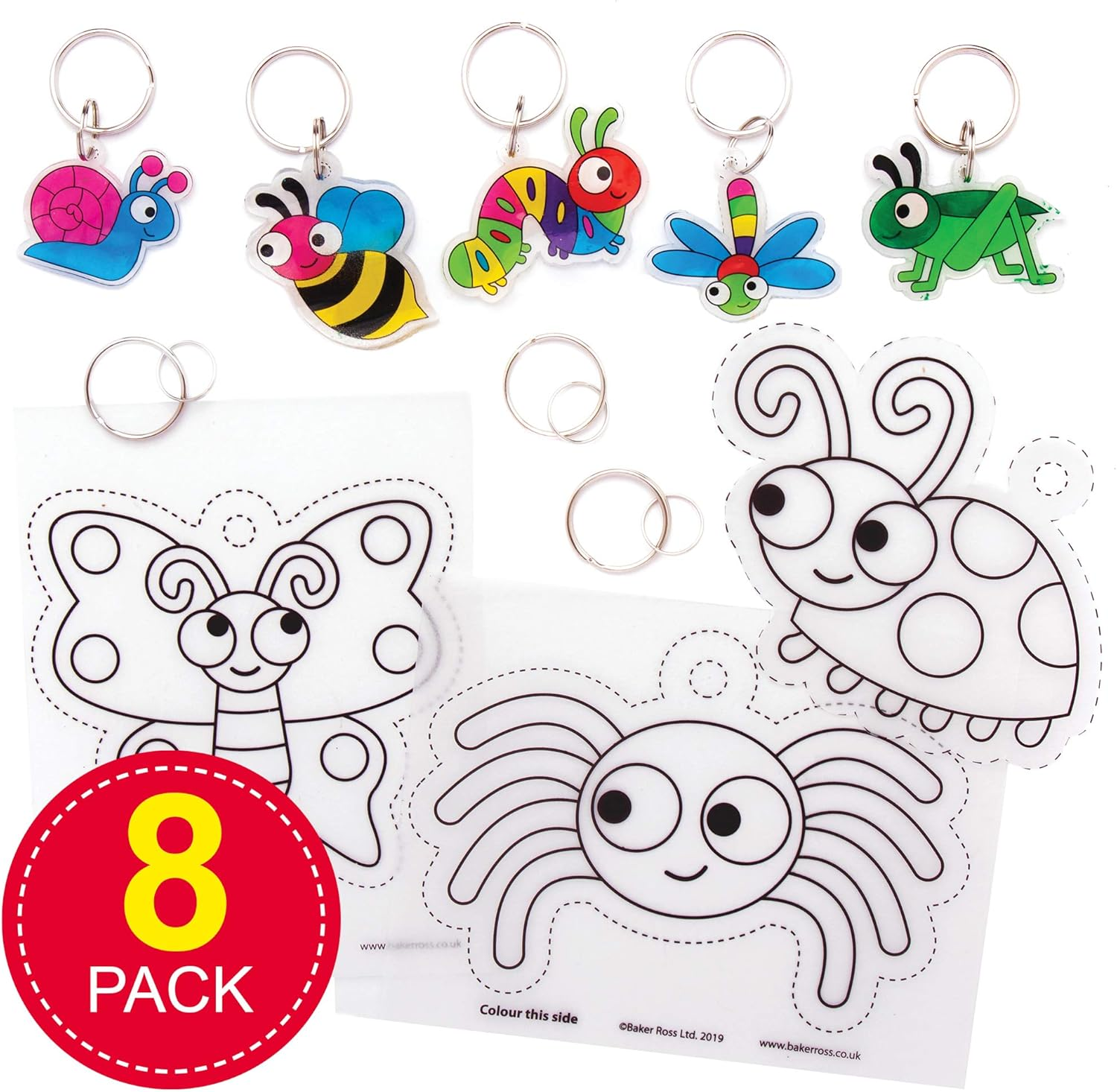 Baker Ross AT609 Bug Super Shrink Keyring Kits - Pack of 8, Make Your Own Key Rings for Kids to Color In, Make and Display image number 1