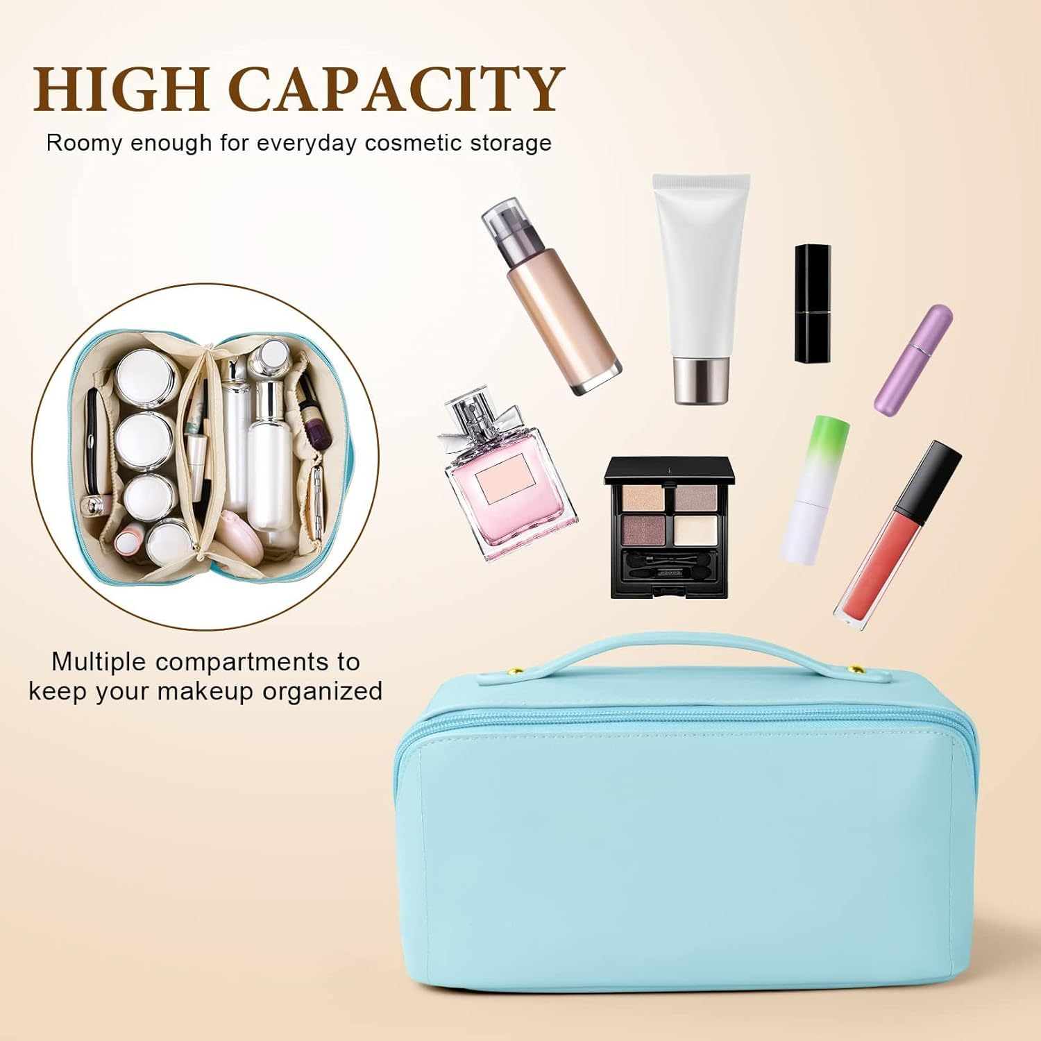 NAKODU Travel Makeup Bag,Large Capacity Cosmetic Bags for Women,Waterproof Portable Pouch Open Flat Toiletry Bag Make up Organizer with Divider and Handle (Blue) - Brown image number 3