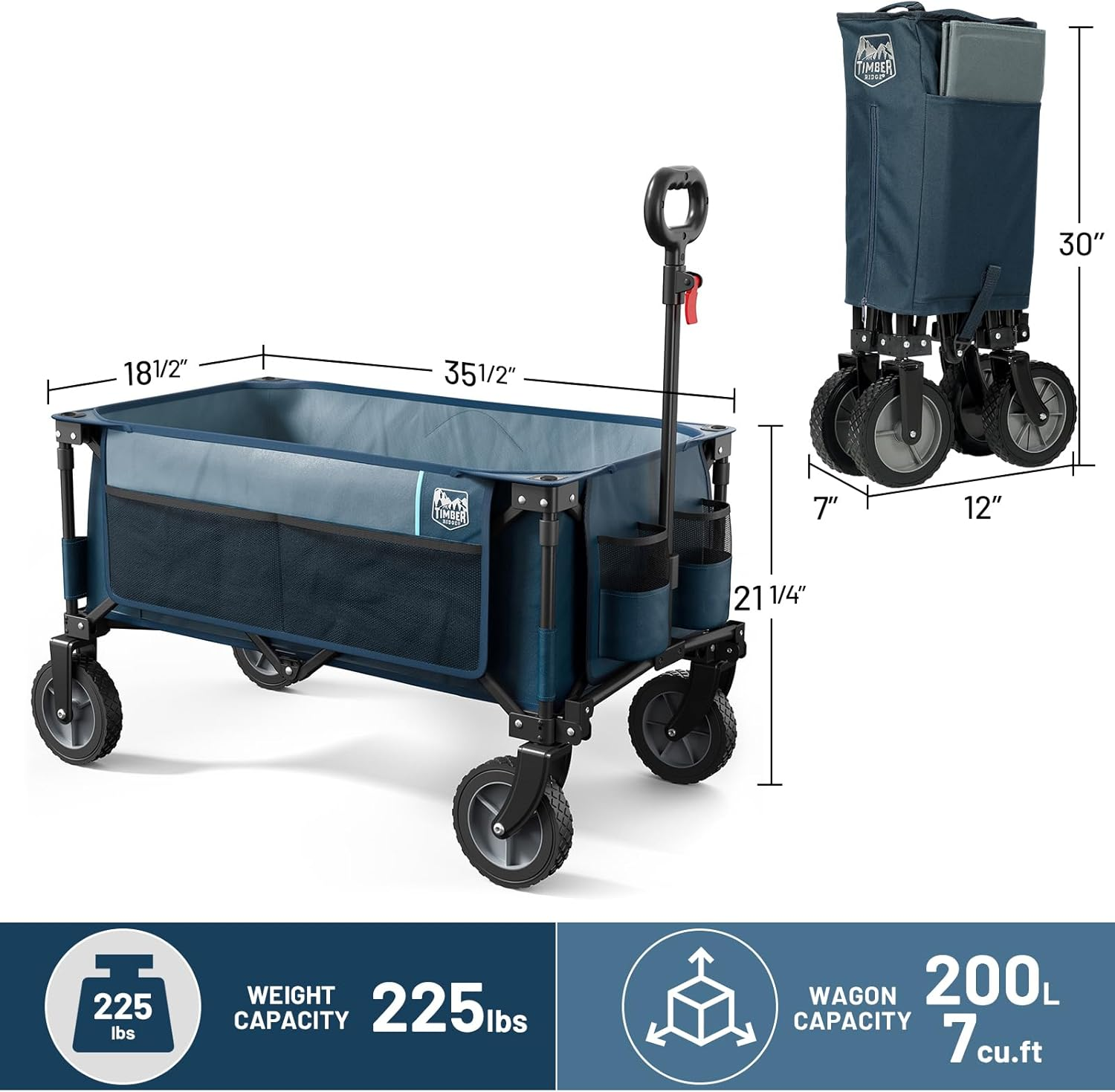 Timber Ridge Collapsible Outdoor Folding Wagon Cart Heavy Duty Camping Patio Shopping Garden Cart with Side Bag Cup Holder, Blue - Blue image number 1