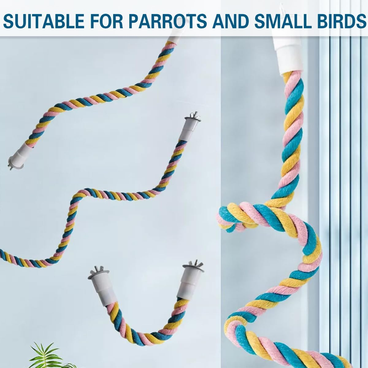AIMALL U-Shaped Parrot Climbing Cotton Rope Bird Toy with Metal Screw Ends, Multicolour Bird Cage Stand Perch for Cockatiels Budgies Conures, 23.6In 31.5In 39.3In 47.2In Options image number 2