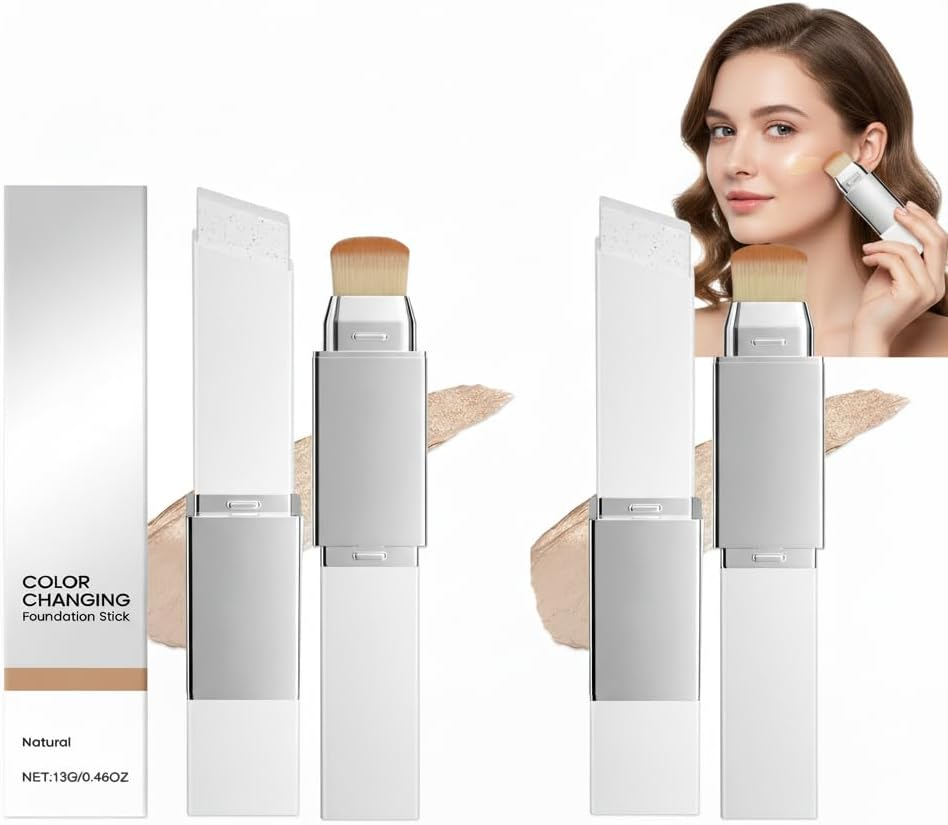 Color Changing Foundation Stick with Concealer, Full Coverage Dewy Finish Base Makeup Moisturizing, Natural White, White Foundation That Matches Skin Tone, Full Coverage for All Skin Types (2PCS)