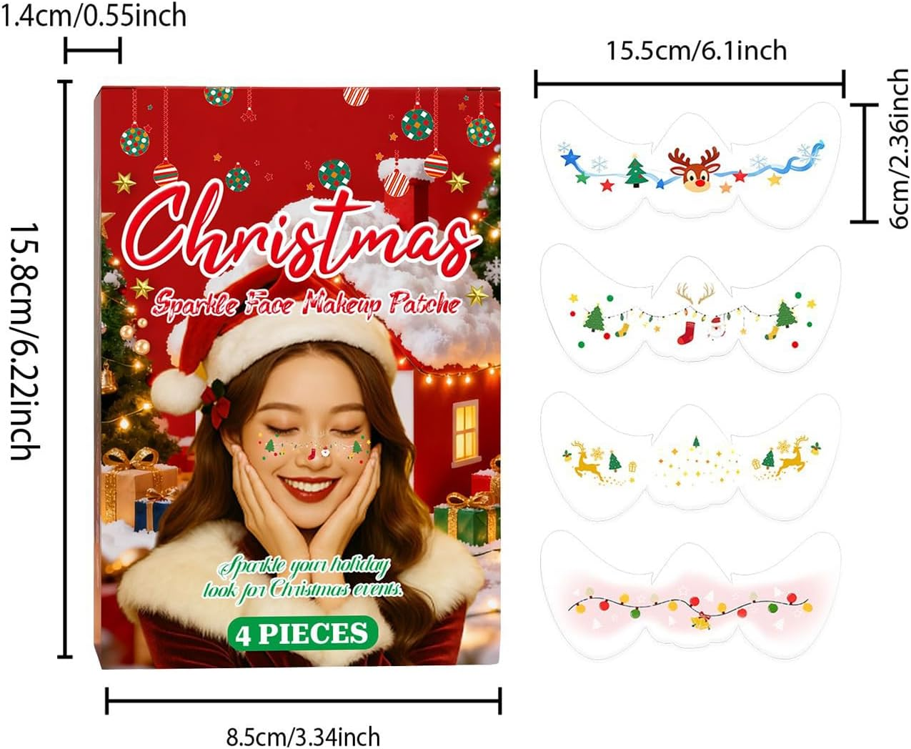 4-Piece Christmas Glitter Freckle Waterproof Face Gems Pre-Designed Shapes Gentle Adhesive Easy Water Removal for Girls Teens Holiday Party Festival Cosplay Celebration Event Masquerade image number 2
