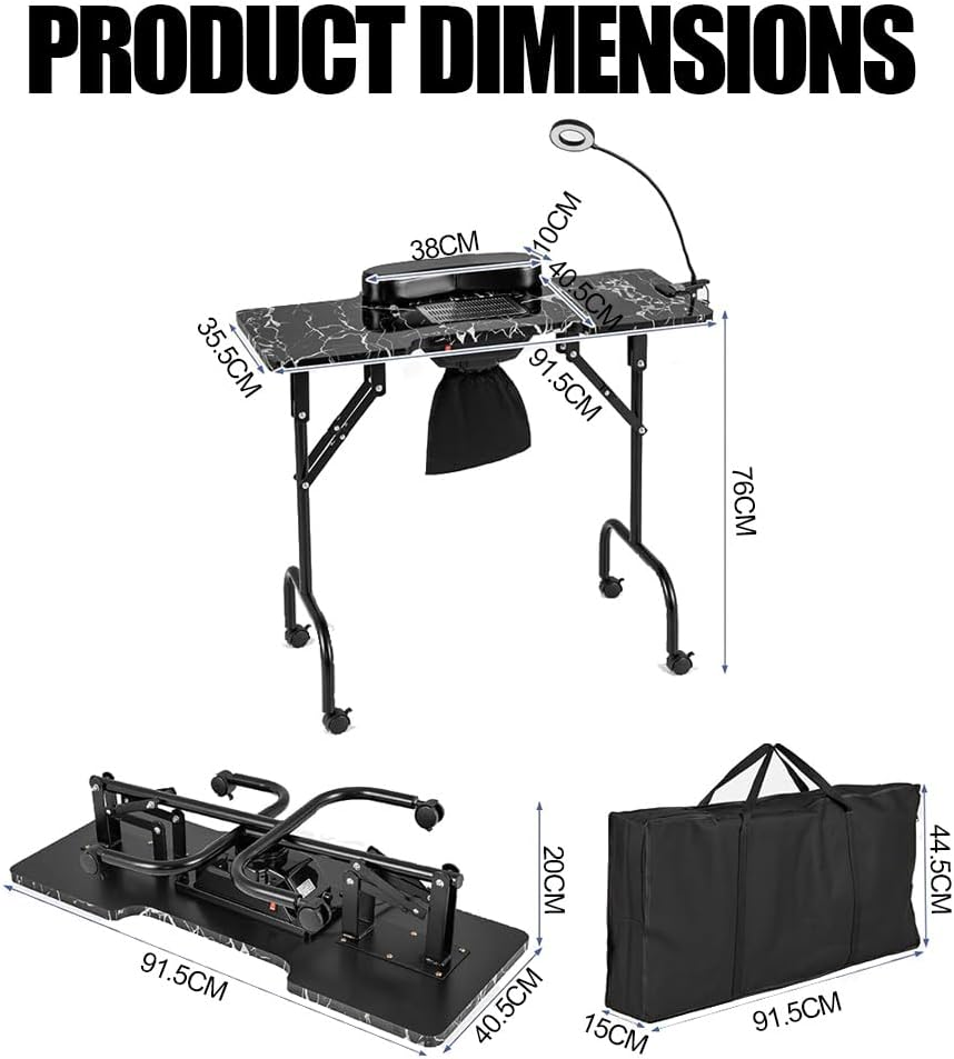 GUDAJIN Portable Nail Table, Foldable All-In-One Nail Table, Mobile Nail Art Workstation with Dust Collector, Nail Light, Carrying Bag and Wrist Pad for Nail Beauty Salon (Black)