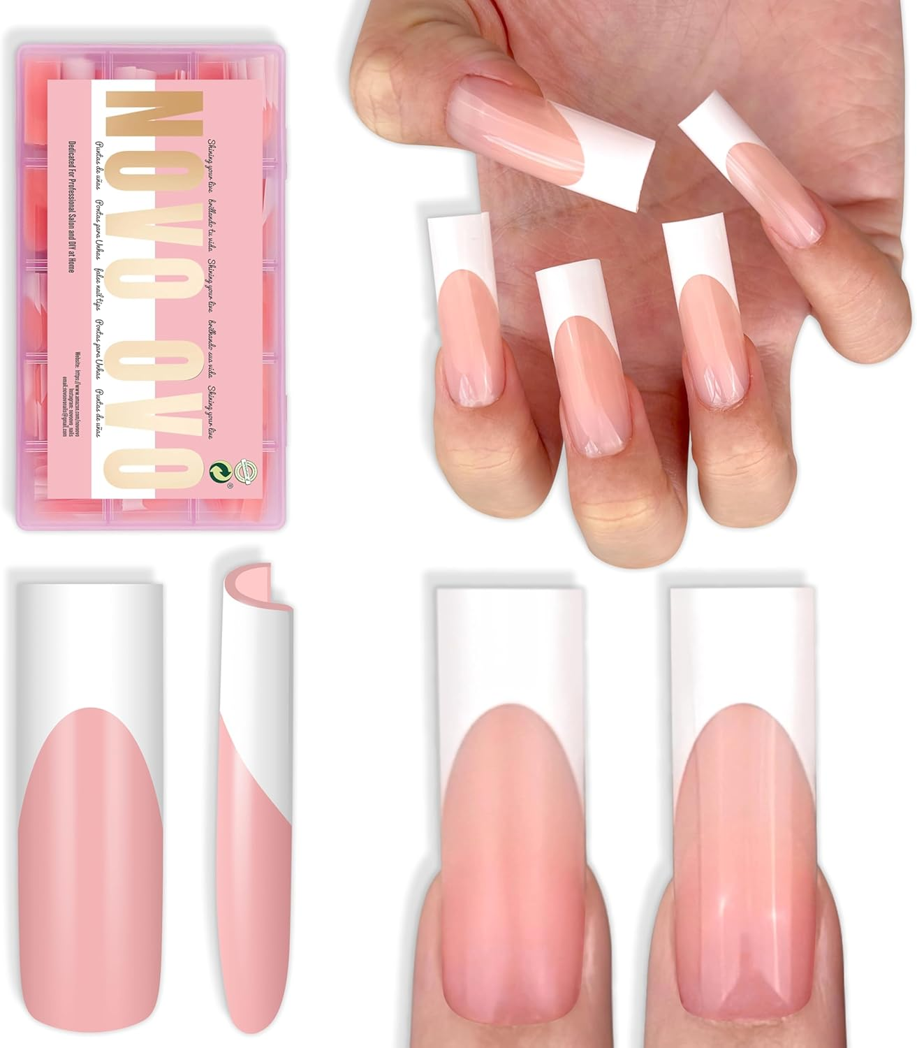 NOVO OVO Sharp Square Long Nail Tips, Press On, Natural (Not Sculpted), No C Curve, Soft Gel Double Matte Clear Artificial Extension, Full Cover for Salon DIY, 15 Sizes, Pack of 180