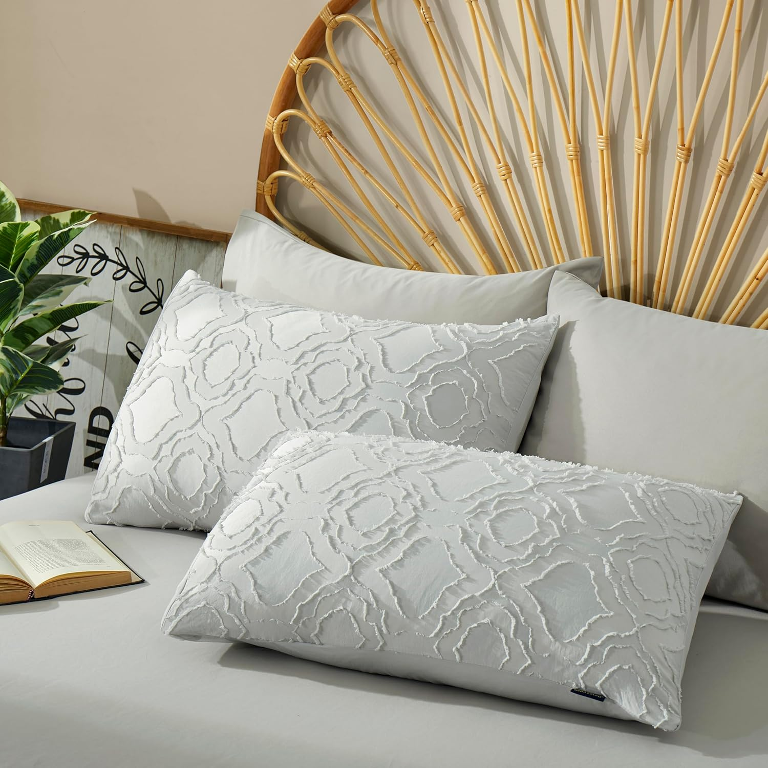 Mullum Mullum Quilt Cover Single Size, Shabby Chic Tufted Beige Duvet Cover Set, 2PCS Soft and Breathable Textured Boho Bedding Set with Zipper Closure (Light Grey, Single) image number 5