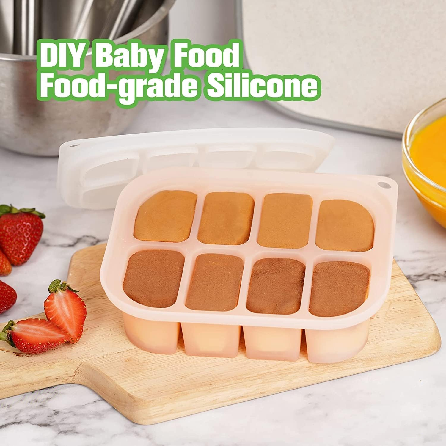 Haakaa Silicone Freezer Tray,Ice Cube Trays with Lid,Perfect for Baby Food and Breast Milk Freezer, Vegetable & Fruit Purees,8 X 1.4 Oz, Blush - Pea Green image number 2
