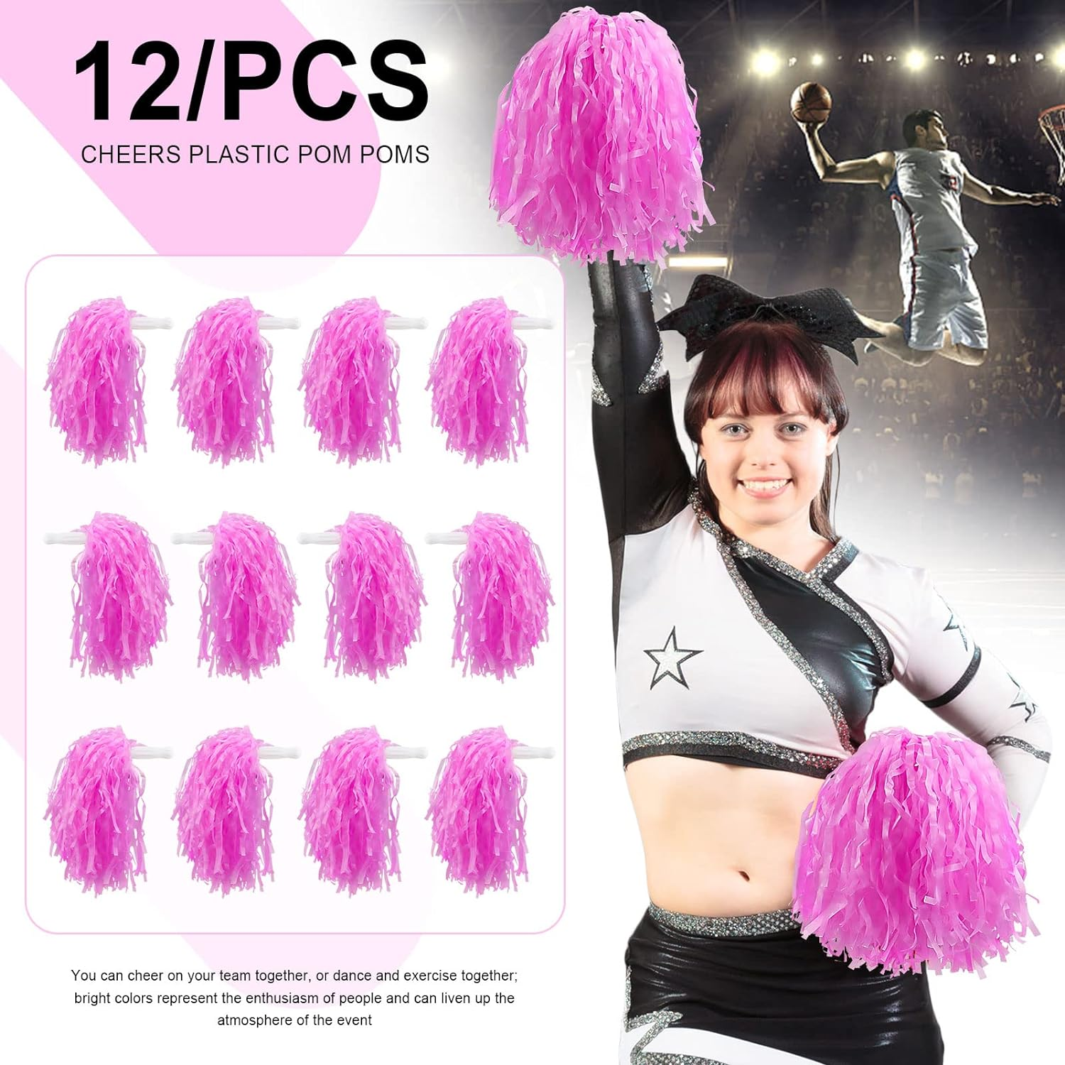 12 Pack Pink Plastic Cheerleading Pom Poms, Sports Dance Cheer Plastic Pom Pom for Rooters,Cheering Squard,Cheering Team(30 Grams Weight Each) image number 3