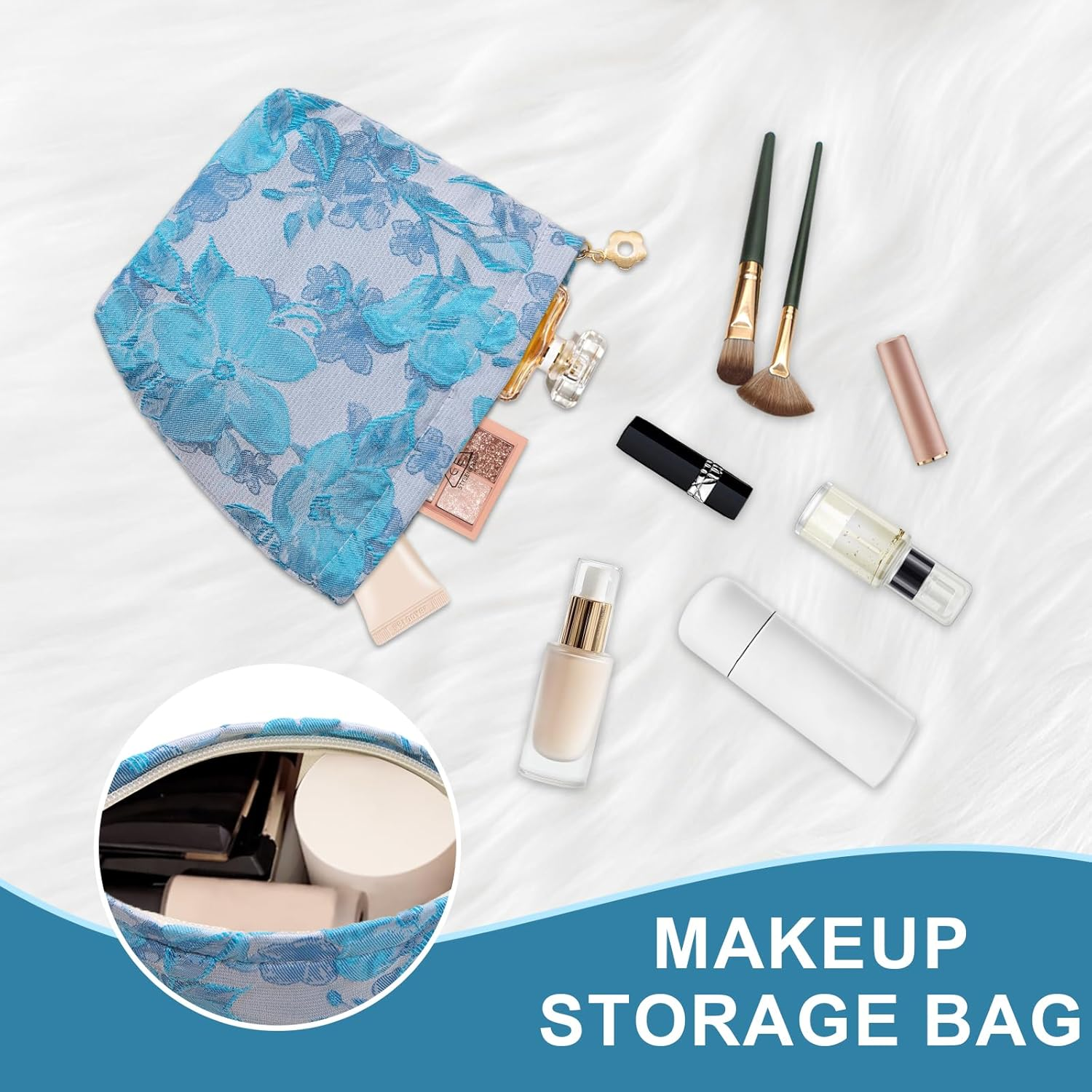 LJCZKA Small Floral Makeup Bags,Mini Cosmetic Bag with Zipper Small Pouches for Purse Floral Travel Toiletry Bag for Women Girls Teen, Iceblue, Fashion - Pink image number 5