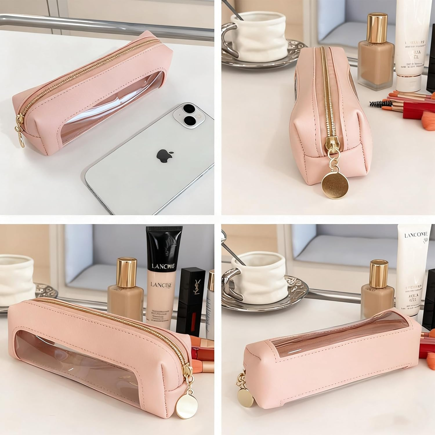 Small Clear Makeup Bag, PU Leather Travel Makeup Brush Case Portable Transparent Waterproof Cosmetic Organizer Pouch with Zipper for Women Home Travel Office Makeup Storage image number 3