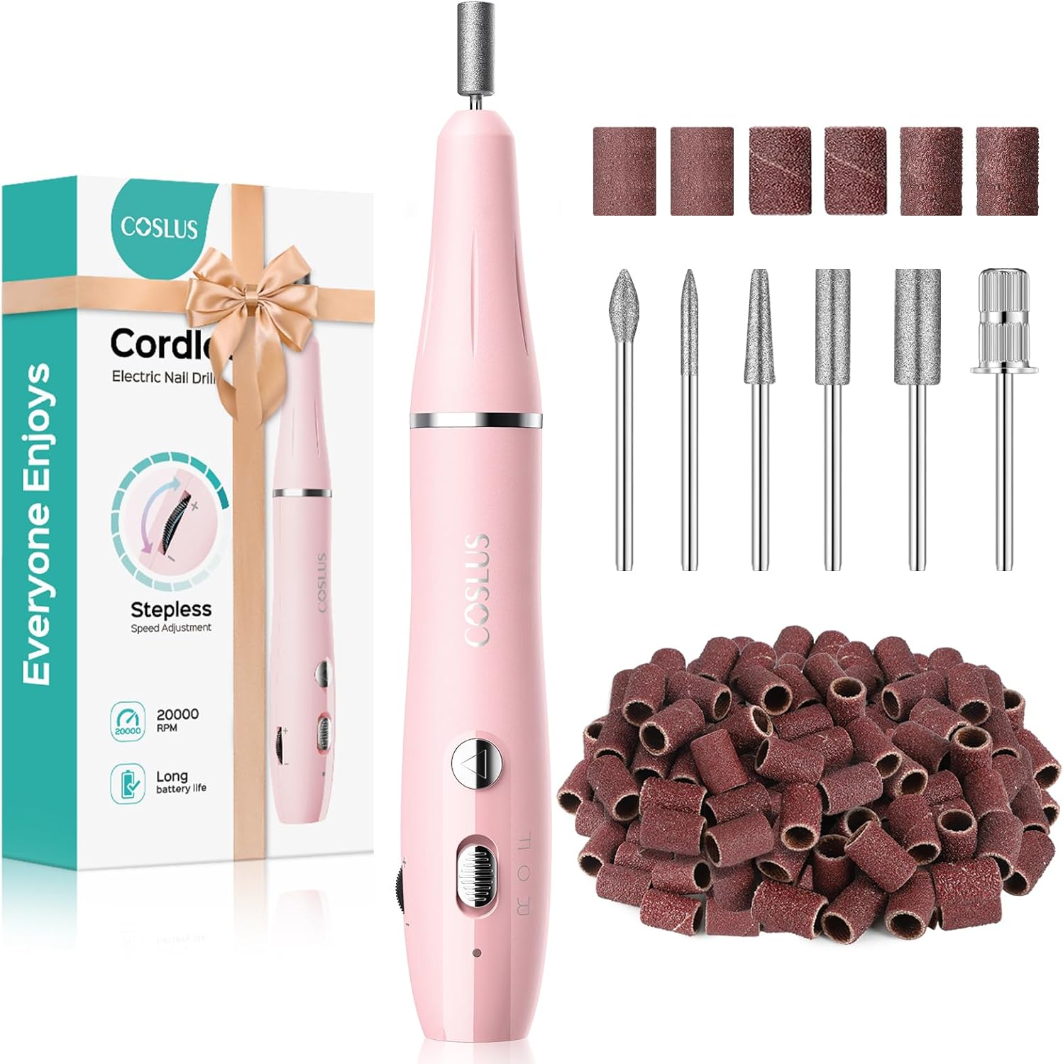 COSLUS Cordless Electric Nail Drill File: Nail Drill Machine with Stepless Speed Knob for Acrylic Gel Dip Powder Polish, Professional Portable Manicure Pedicure Rechargeable for Home Salon Use Pink