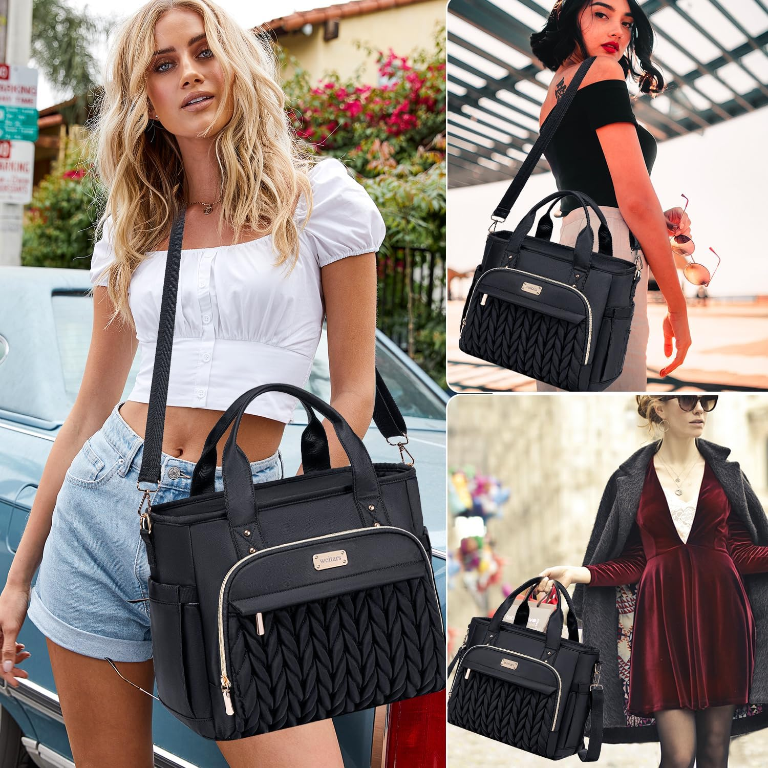 Weitars Insulated Lunch Bag for Women,Leak Proof Lunch Box for Work,Extra Large Lunch Tote Bag with Removable Shoulder Strap with Side Pockets,Reusable Lunch Bag for Picnic Hiking (Black-02)