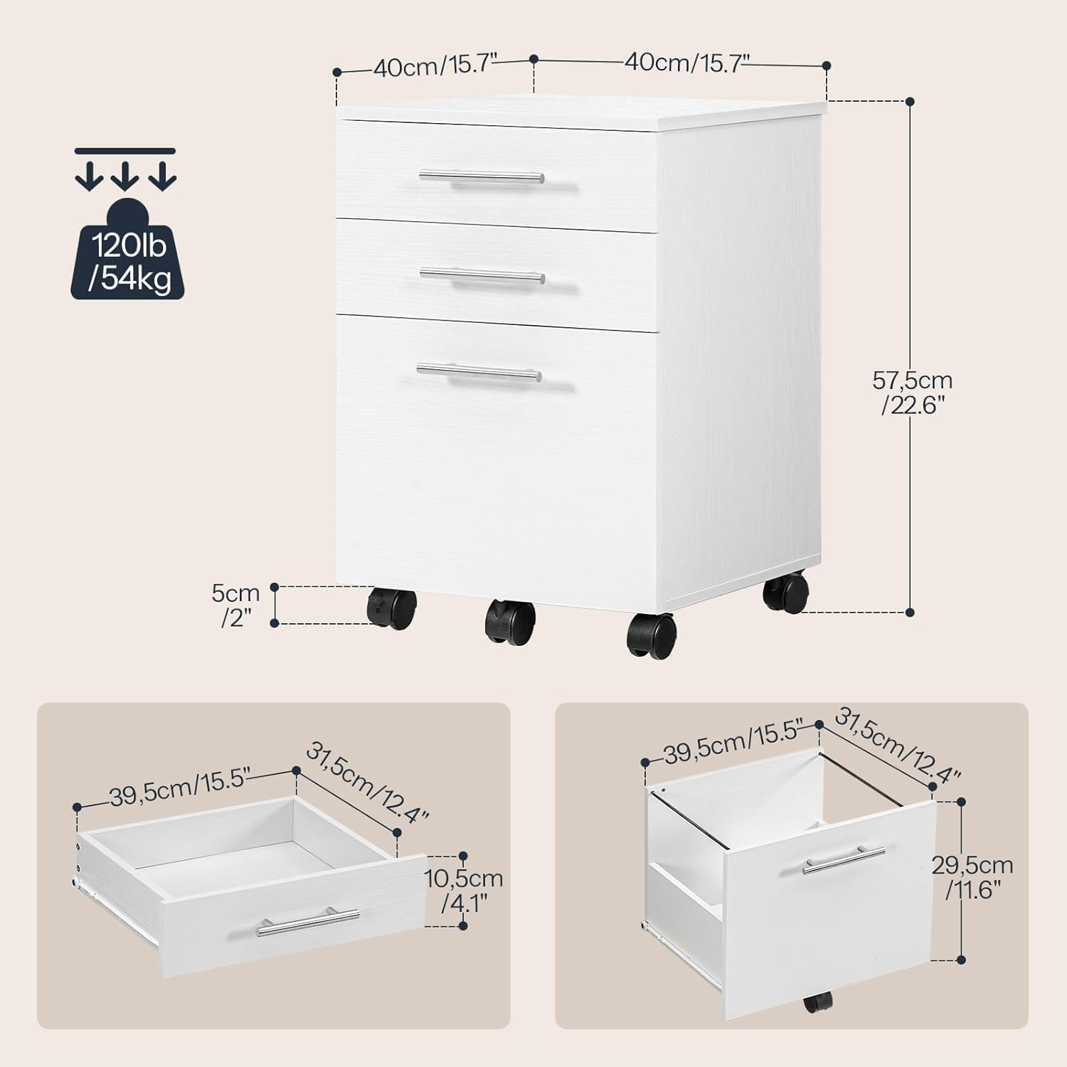 HOOBRO 3-Drawer File Cabinet, Wooden under Desk Filing Cabinet, Fits A4/Letter Size for Home Office, Small Rolling Storage Drawer Chest, Printer Stand with Drawers, White WW02WJ01G1 image number 4