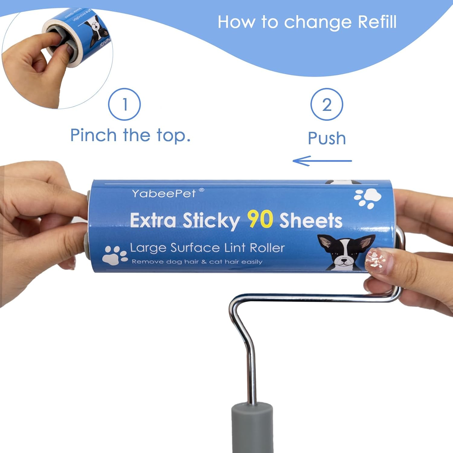 Extra Sticky Large Surface Lint Roller, 6.3''/16Cm Giant Pet Hair Remover Roller for Pet Dog Cat Hair, Clothes&Furniture Cleaning, 90 Sheets (1 Roller + 2 Refills) image number 4