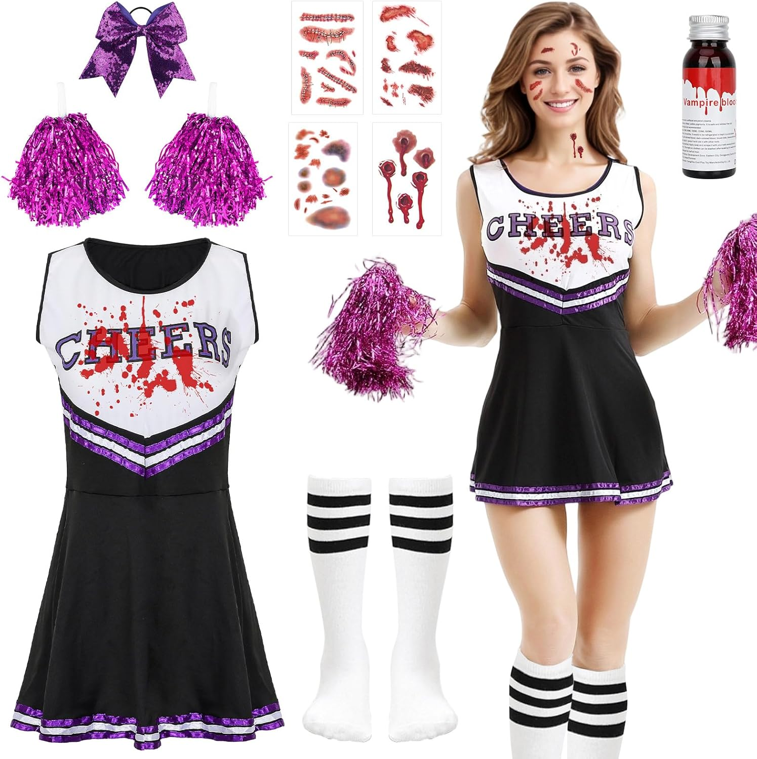 Women Zombie Halloween Cheerleader Costume,Zombie Cheerleader Outfit, Dead Fearleader Dress, Scary Themed Party Cosplay