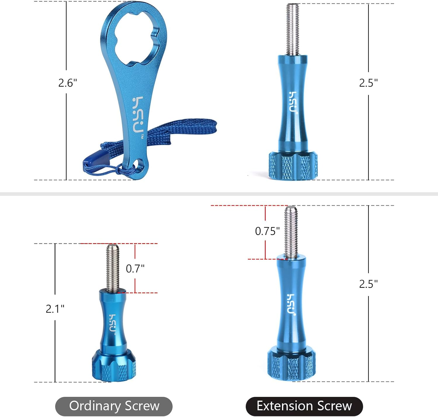 HSU Aluminum Alloy Extension Long Thumbscrews + Wrench for Gopro Hero 13, 12, 11, 10, 9, 8, 7, 6, 5, 4, Compatible with Gopro Media Mod, AKASO Campark and Other Action Cameras (Blue) image number 2