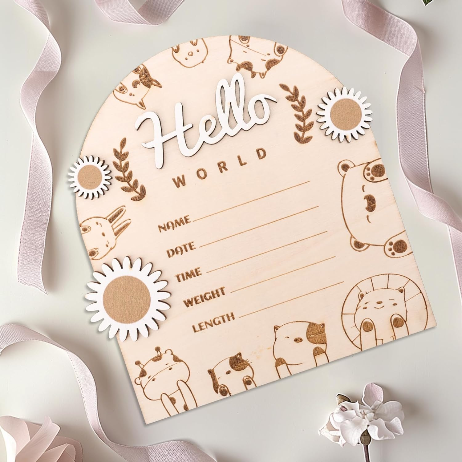 Wooden Baby Announcement Sign, Hello World Baby Sign Baby Announcement Plaque Newborn Baby Name Board Birth Announcement Sign for Baby Shower Gifts Photo Props Wall Decoration image number 2