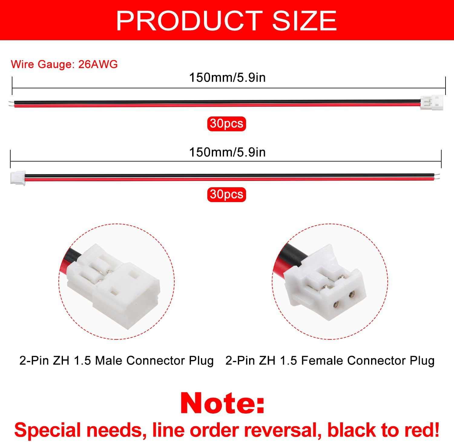 Lyeteung 30 Pairs JST 1.5 ZH 2 Pin Connectors, Mini Micro JST ZH 2-Pin Female and Male with 150 Mm 26AWG Cable Wire (Black Red)
