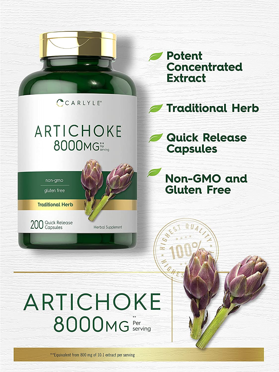Artichoke Extract Capsules 8000Mg | 200 Count | Non-Gmo, Gluten Free Supplement | by Carlyle image number 6