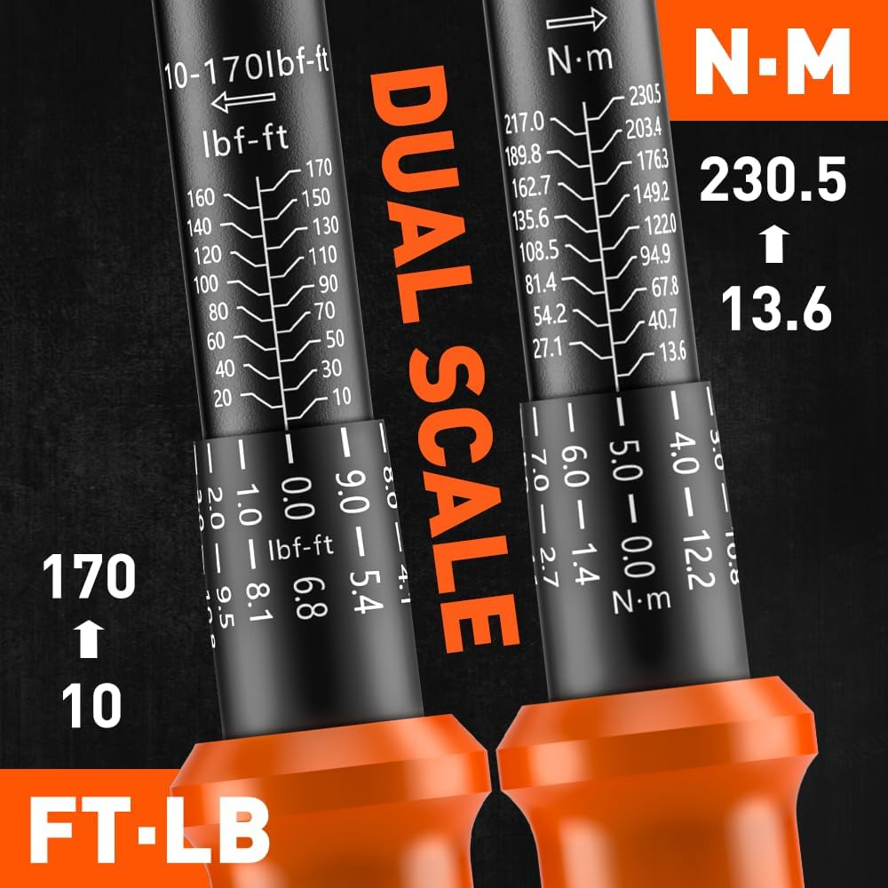 HORUSDY 1/2" Drive Click Torque Wrench Set, 13.6&ndash;230.5 Nm / 10&ndash;170 Ft-Lb, Dual Scale, &plusmn;3% Accuracy, Reversible Ratchet with Extension Bar & Adapter &ndash; Heavy Duty for Automotive & Mechanical Use image number 6