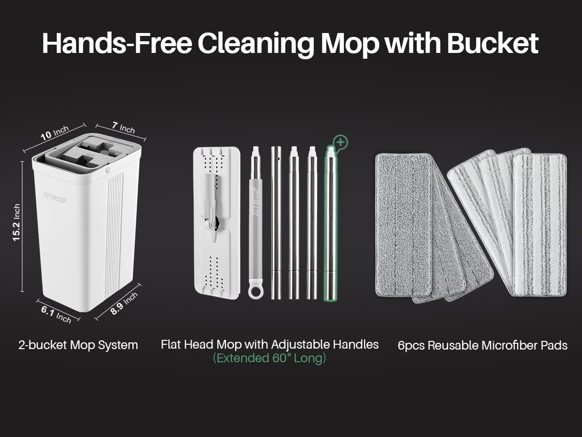 JOYMOOP Mop and Bucket Set with Wringer, White Flat Mops for Floor Cleaning, Hands Free Wet Dry Use, 60" Microfiber Mop with 6 Reusbale Microfiber Pads image number 7