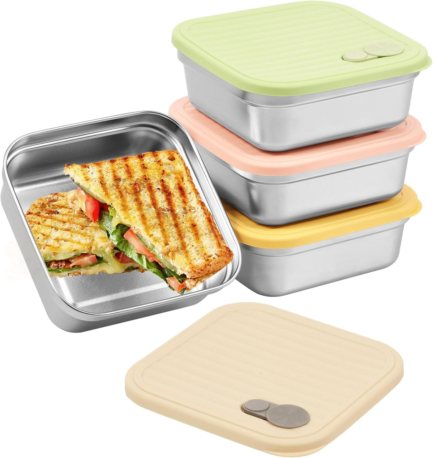 Rdjeokf 4 Pcs Sandwich Containers, Stainless Steel Bento Lunch Box with Airtight Lid, Leakproof Sandwich Box, 21 Ounce Food Storage Containers for Kitchen, Fridge, Travel (01)