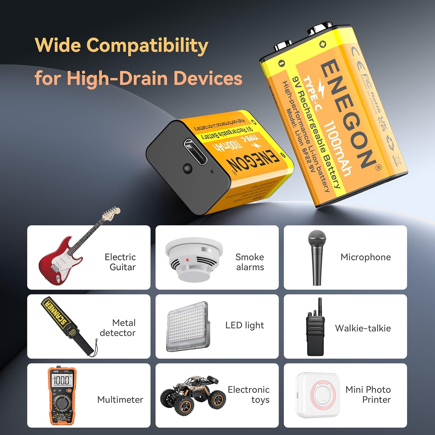 ENEGON 2 Pack 9V Rechargeable Li-Ion Batteries, 1100 Mah with Type-C Fast Charging, 6F22 9V Batteries for Electric Guitars, LED Lighting Devices, Smoke Alarms, Microphones, Walkie-Talkie and More image number 5