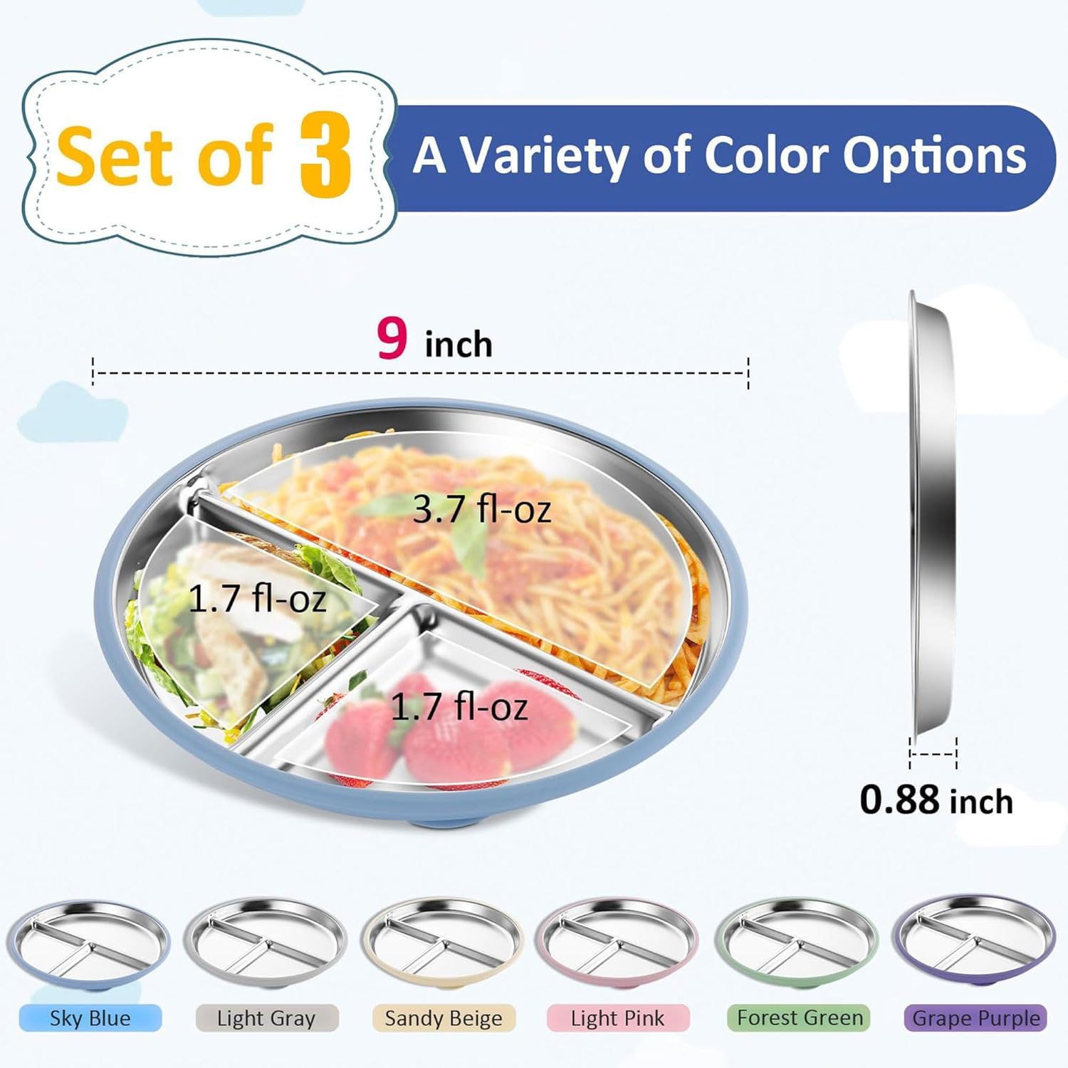 Stainless Steel Baby Plate with Suction, 9&rdquo; Divided Toddler Plates with Removable Silicone Sleeves for Kids, Non-Toxic Non-Slip Unbreakable Dishwasher Safe Dinnerware(Blue & Gray & Beige-9In) image number 1