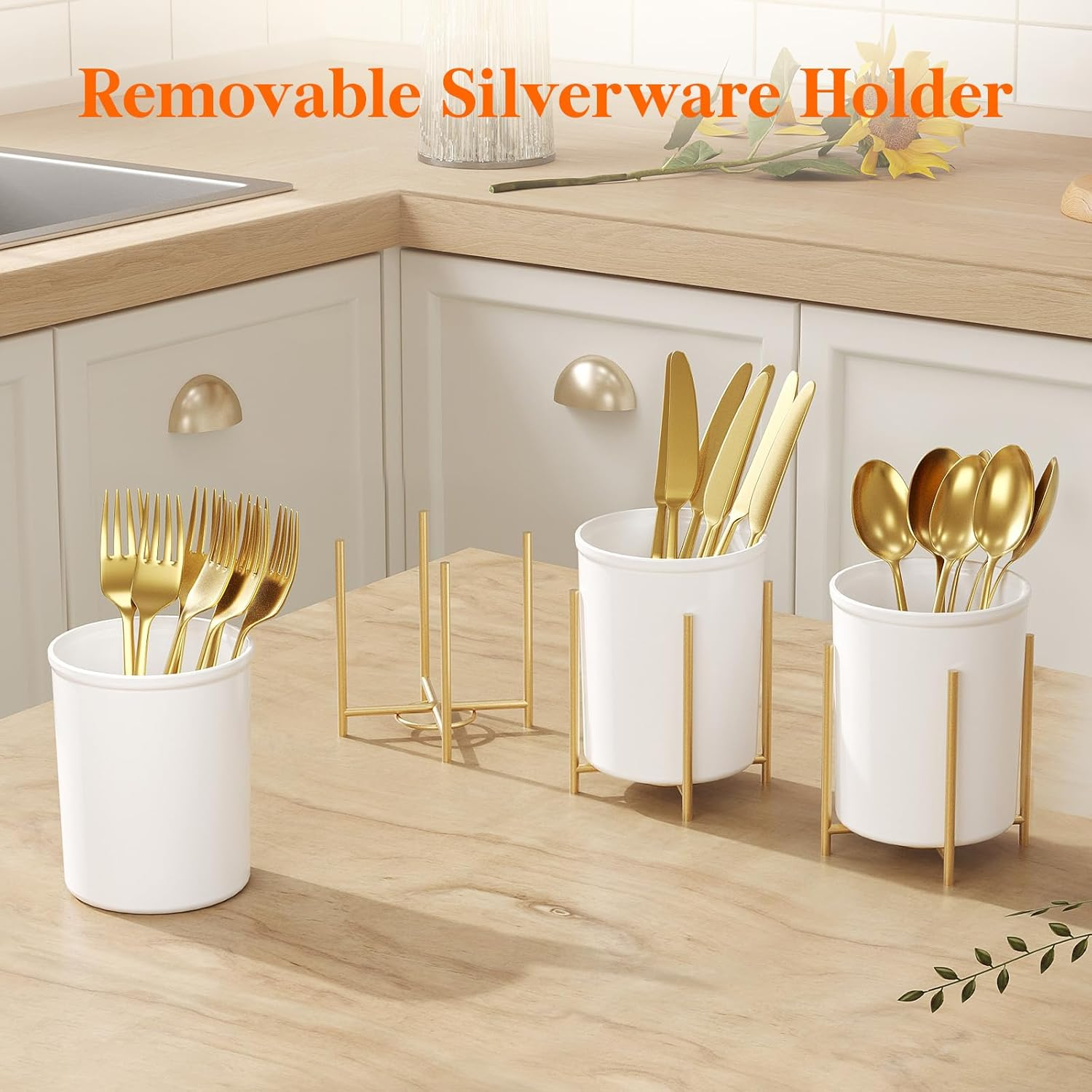 Lifewit Silverware Holder for Kitchen Countertop, Cutlery Flatware Caddy with Bracket, Plastic Utensil Spoon Fork Knives Organizer for Party Picnic, Gold, 2 Pack image number 4