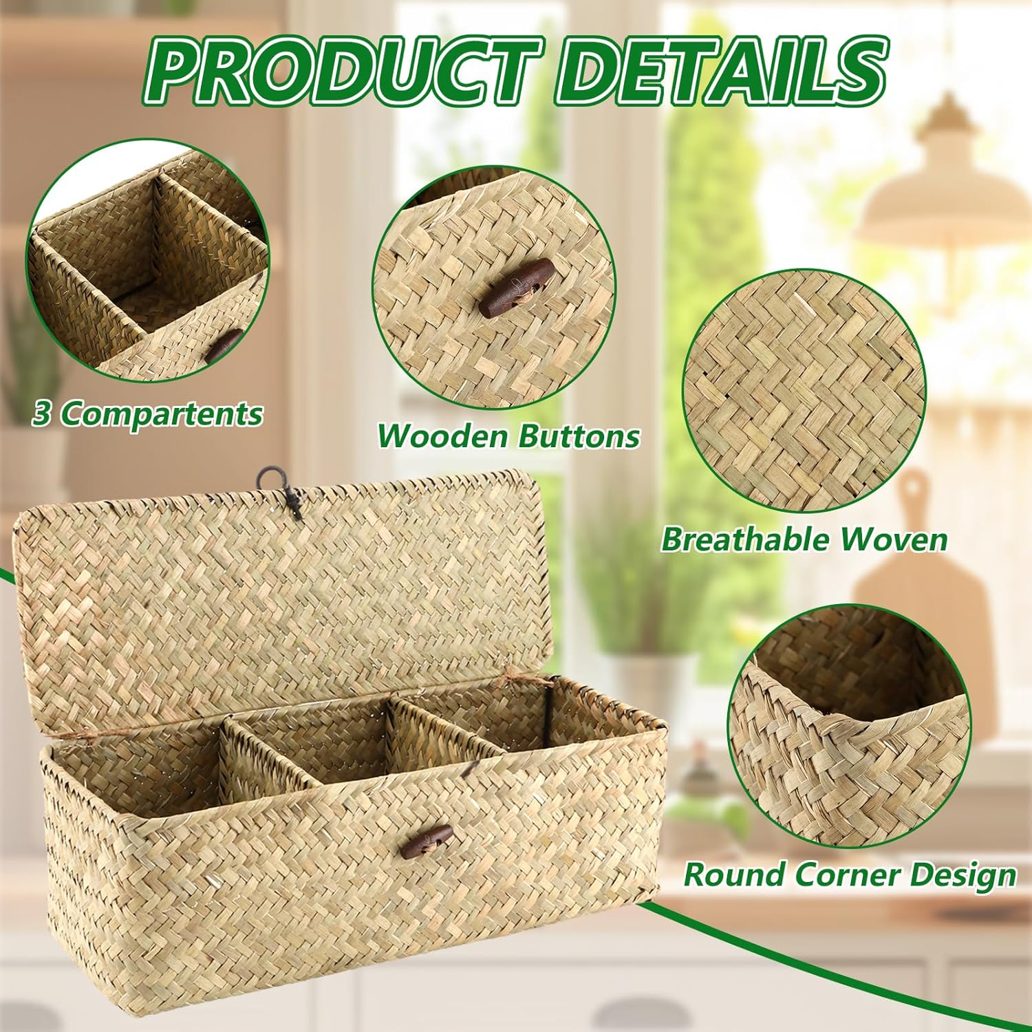 APACALI Pack of 2 Seagrass Storage Basket with Lid, Rectangular Rattan Storage Basket with Compartment, Natural Braided Baskets, Wicker Baskets for Shelves, Organisation of Natural Seagrass image number 4
