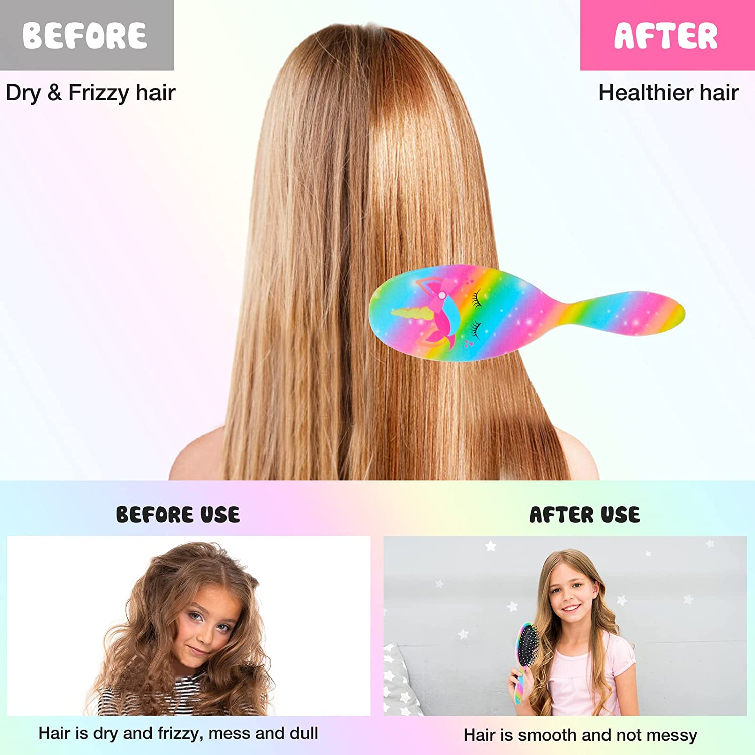 Kids Hair Brush Girls, Toddler Wet Dry Detangling Hair Brush for Curly Thick Hair Pain-Free Comb Girls Kids Women Unicorn Mermaid - Pink image number 2