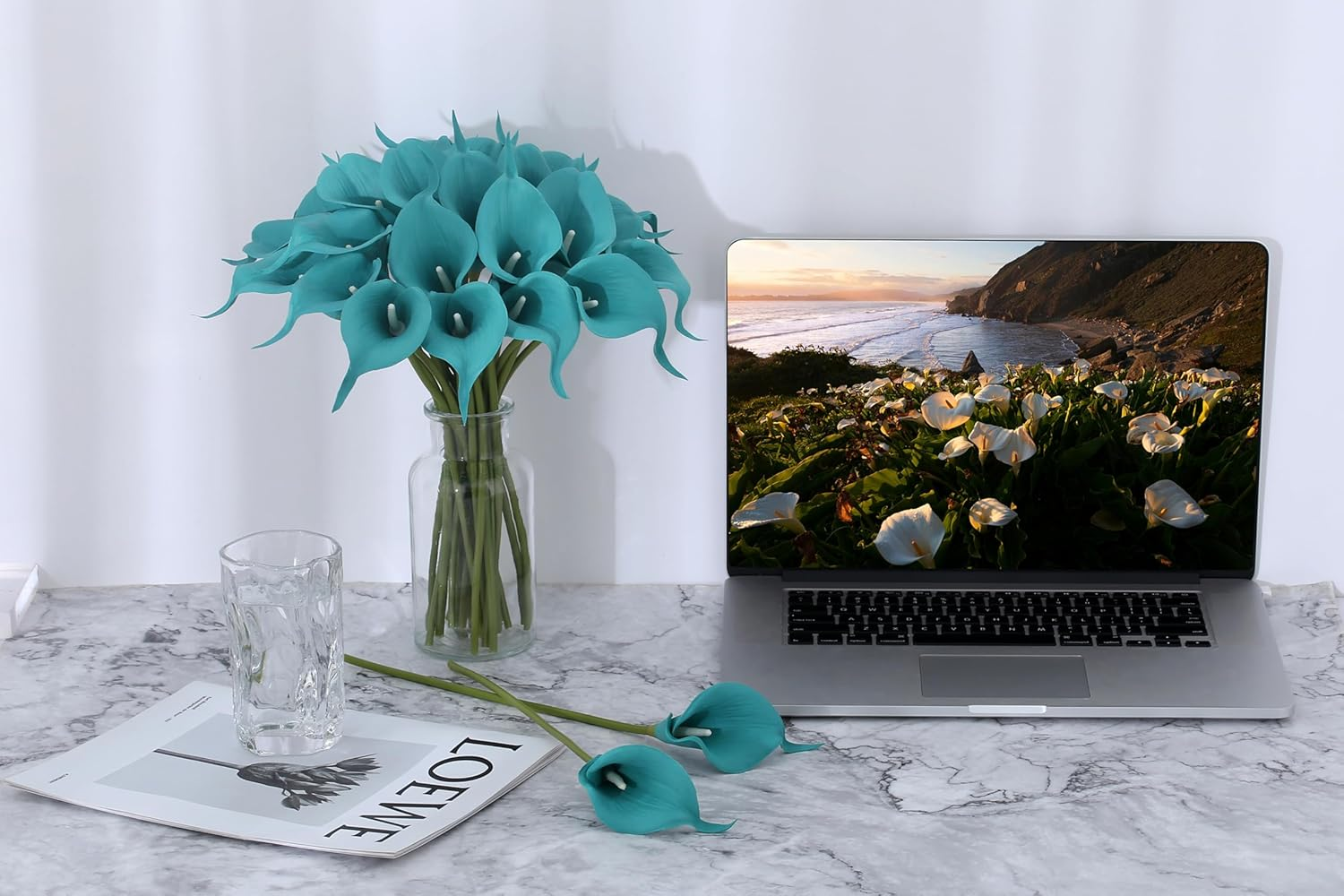 SITUMEIZI 24 PCS Teal Fake Flowers Artificial Calla Lily Silk Flowers Real Touch for Mother'S Day Easter Home Kitchen Decor Wedding Bouquet Office Spring Decoration(Teal Blue) - Blue image number 3