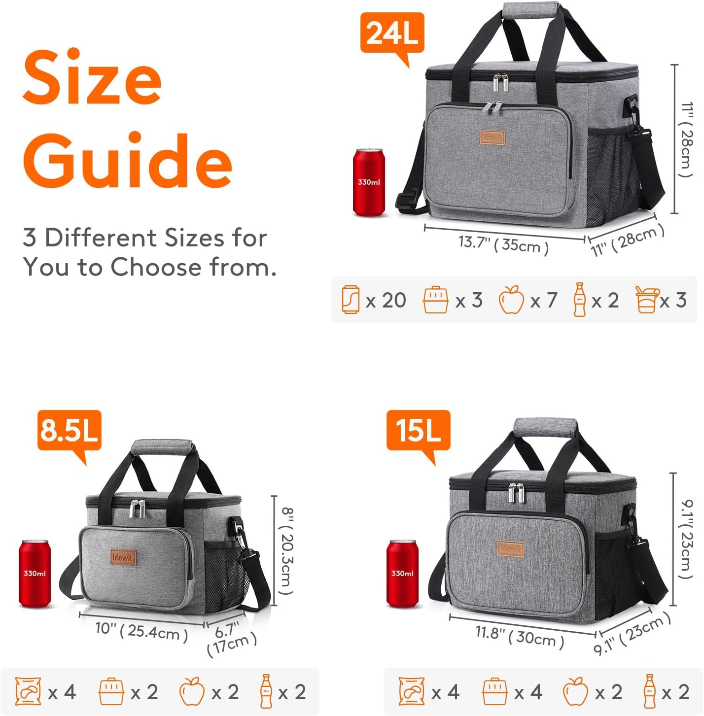 Lifewit Large Lunch Bag Insulated Lunch Box Soft Cooler Cooling Tote for Adult Men Women, Gray 24-Can (15L) image number 3