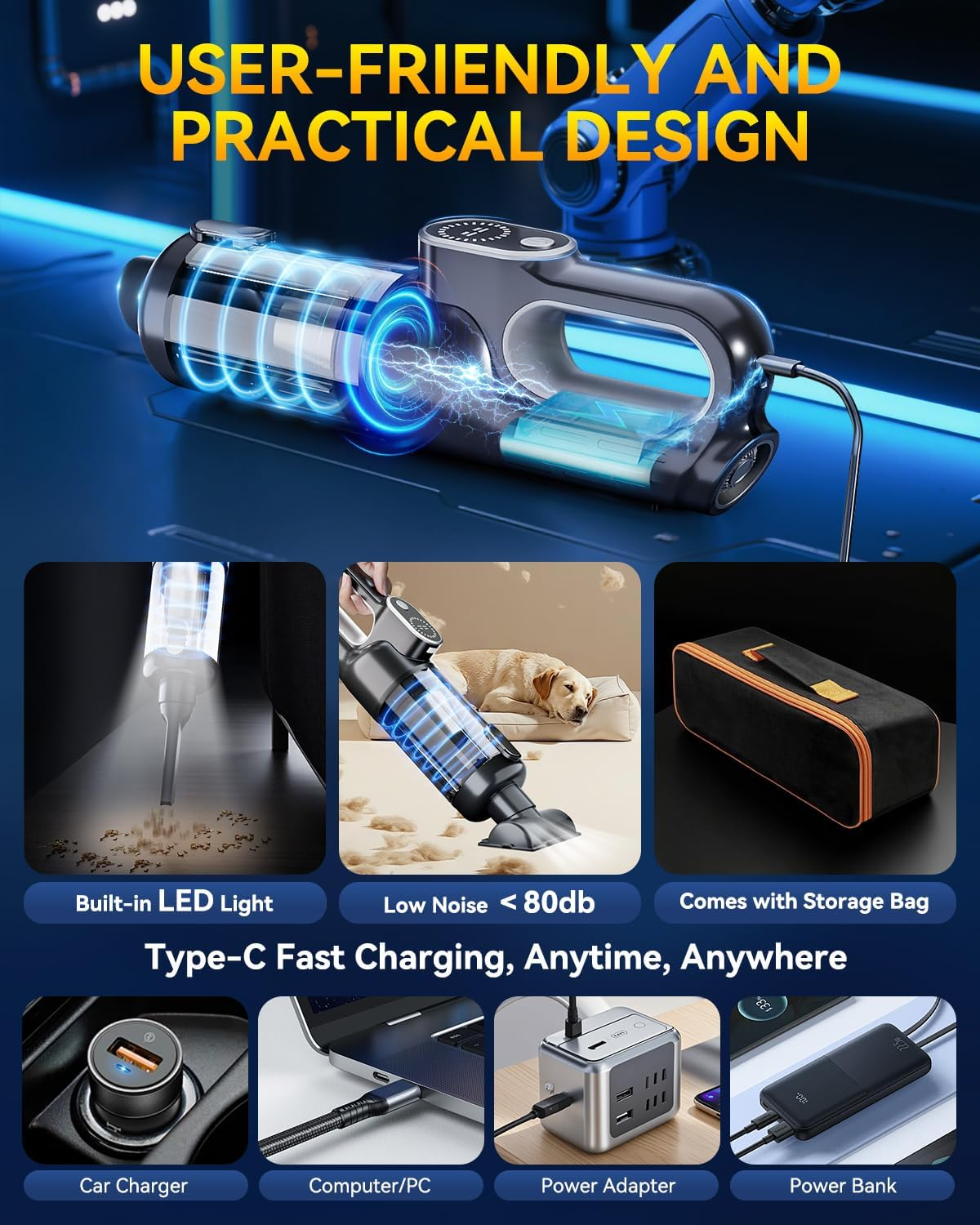 11-In-1 Car Vacuum Clearner【19000Pa Suction | Japan Brushless Motor】【Sgs-Certified Smart Chip】 Powerful Handheld Vacuum Cordless, with LED Light, Multi-Nozzles and Storage Bag image number 2