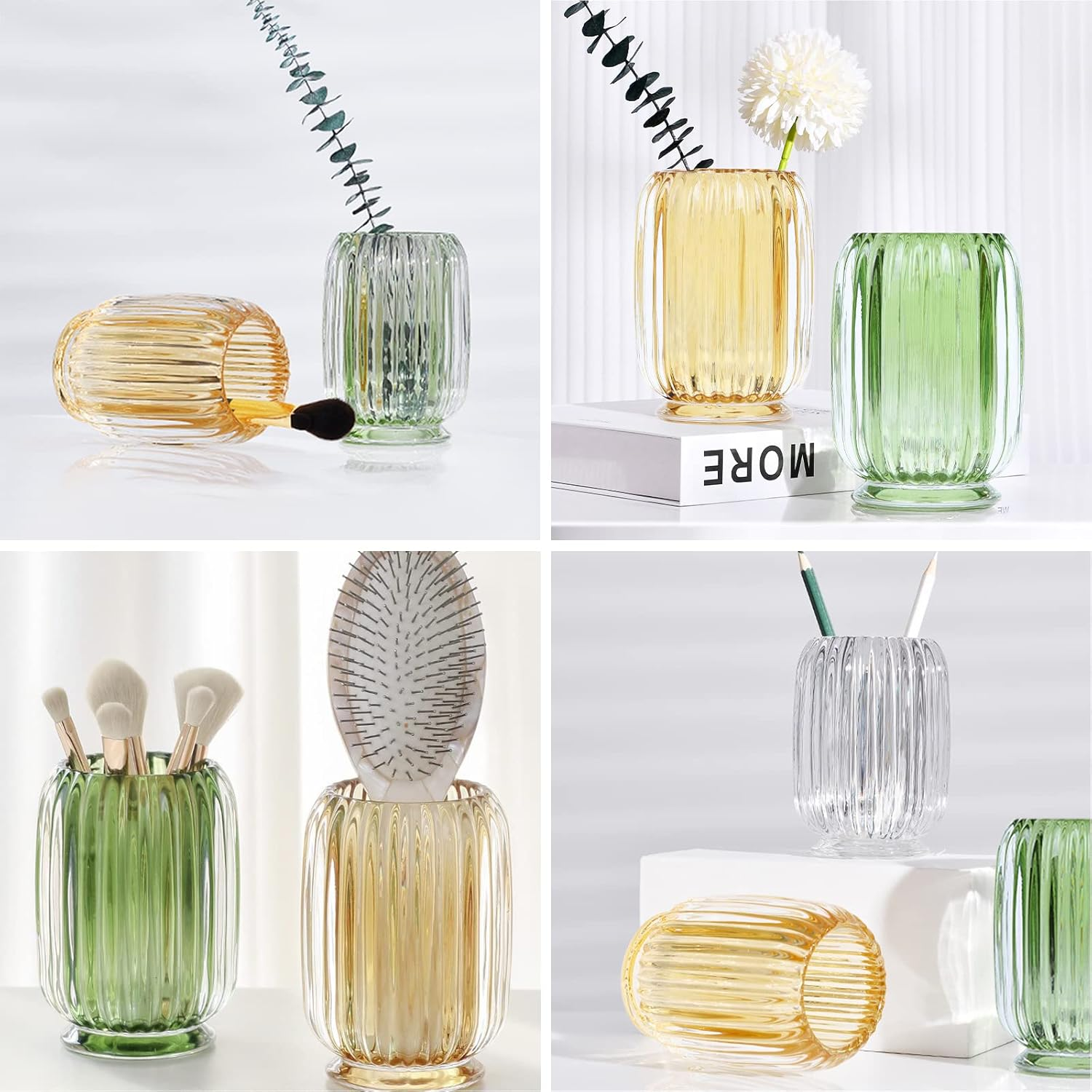 DASITON Makeup Brush Holder Organizer,Crystal Cosmetic Makeup Brush Glass Brushes Storage Holder,Vintage Make up Brush Cup Striped Vase(Green) - Amber image number 3