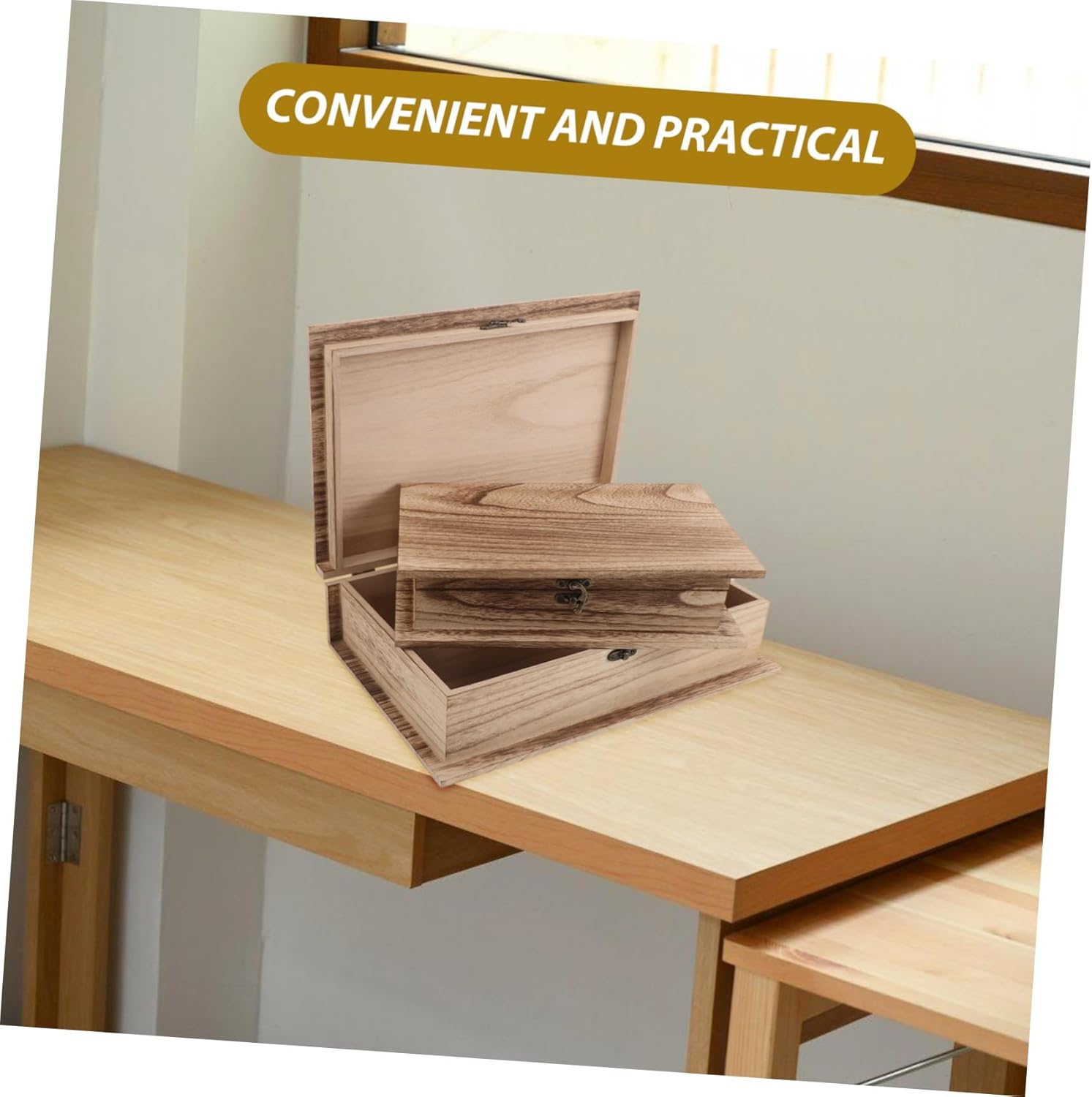 2Pcs Large Wooden Jewelry Box Lockable Storage Natural Wood Finish for Keepsakes Cards Decor image number 4