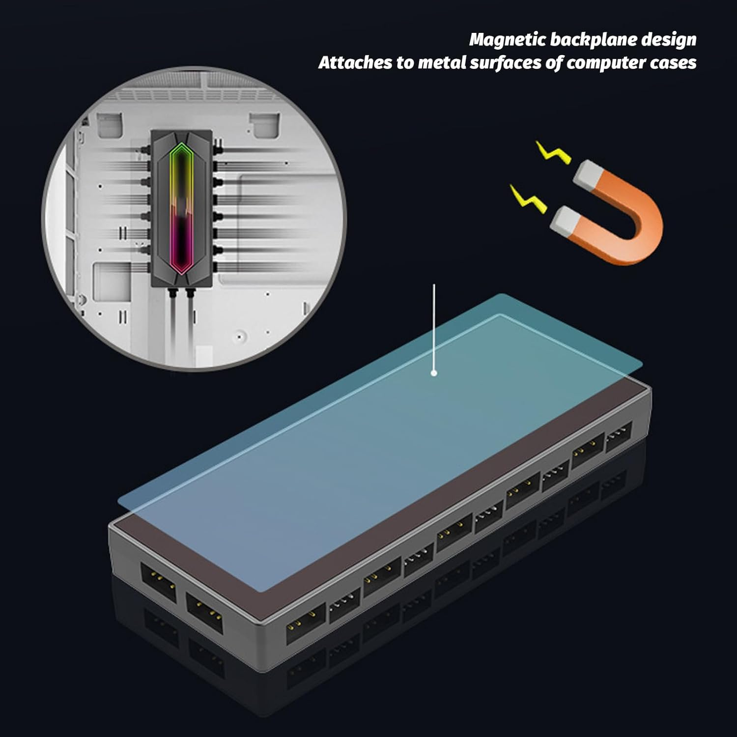 10-Port PWM Fan Hub with ARGB Splitter & Controller, 5V 3Pin Magnetic Base for PC Case Fans - 1 to 10 SATA Power Port Splitter for Gaming & Desktop Builds - White image number 7